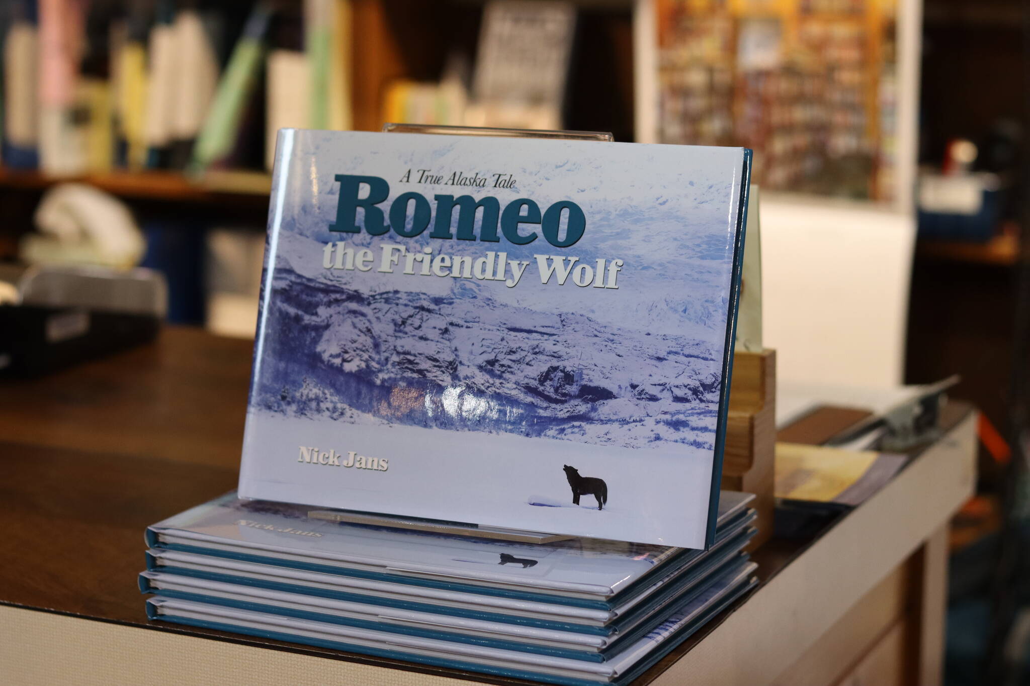 Copies of Nick Jans new book, “Romeo the Friendly Wolf,” arrived at Hearthside Books about two weeks ago. (Meredith Jordan / Juneau Empire)