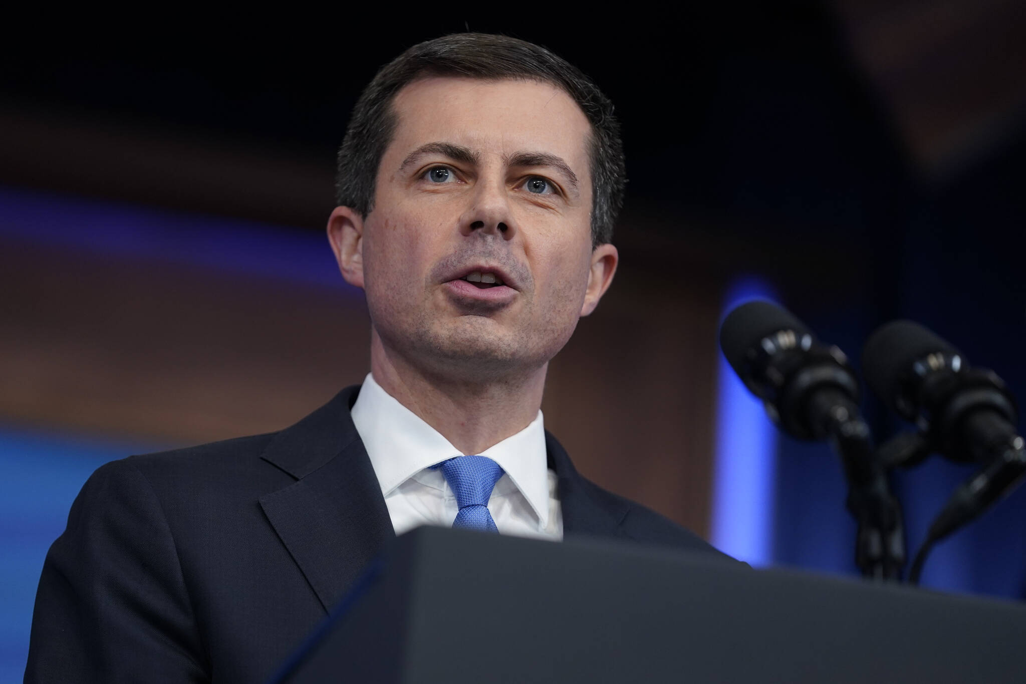 Transportation Secretary Pete Buttigieg gives a speech in Washington in early May. Buttigieg is expected to arrive in Juneau next Wednesday a part of a three-day tour traveling to several communities in Alaska. (AP Photo/Evan Vucci)