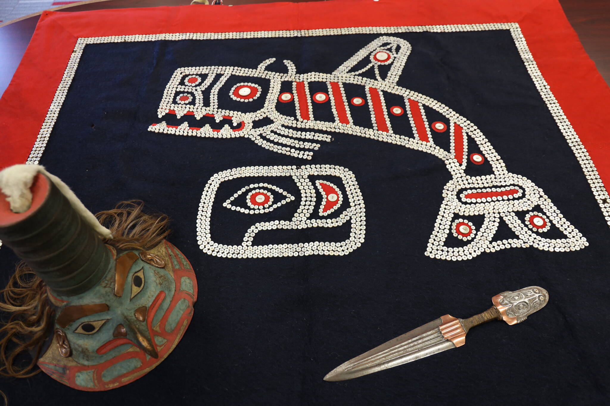 This photo taken in Juneau on Monday shows three items repatriated by the Central Council of the Tlingit and Haida Indian Tribes of Alaska. (Clarise Larson / Juneau Empire)
