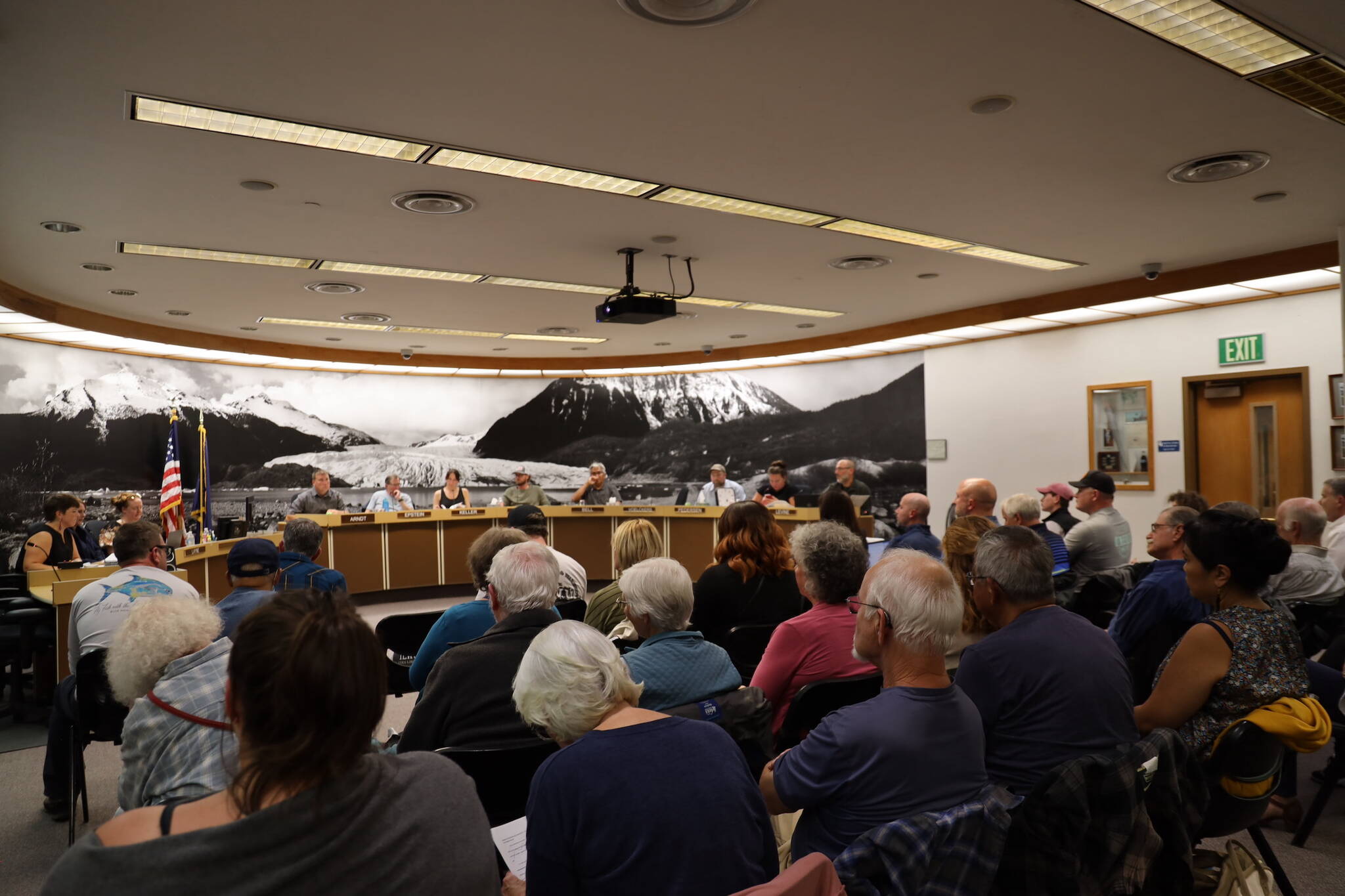 More than 40 people attended the City and Borough of Juneau Planning Commission meeting Tuesday night where a new downtown development project was approved for a conditional permit. (Clarise Larson / Juneau Empire)