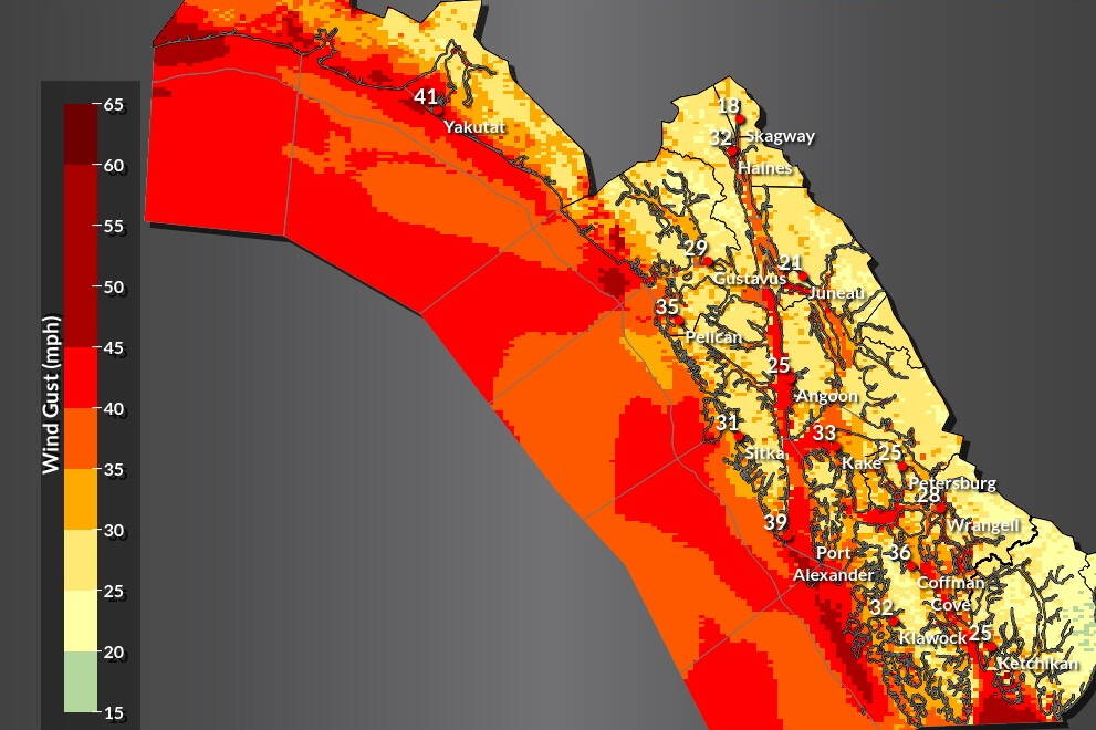 A map shows gale-force winds are likely throughout Southeast Alaska during a storm this weekend that is also expected to result in two to three inches of rain in Juneau, according to the National Weather Service. (Map by the National Weather Service)