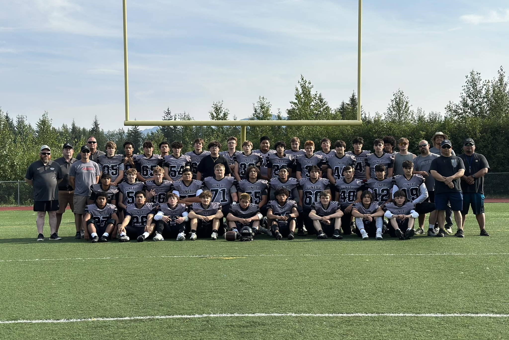 A team photo of the 2023 Juneau Huskies, who kick off their season with a home game against East Anchorage at 3 p.m. Saturday. (Courtesy of Juneau Huskies Football)