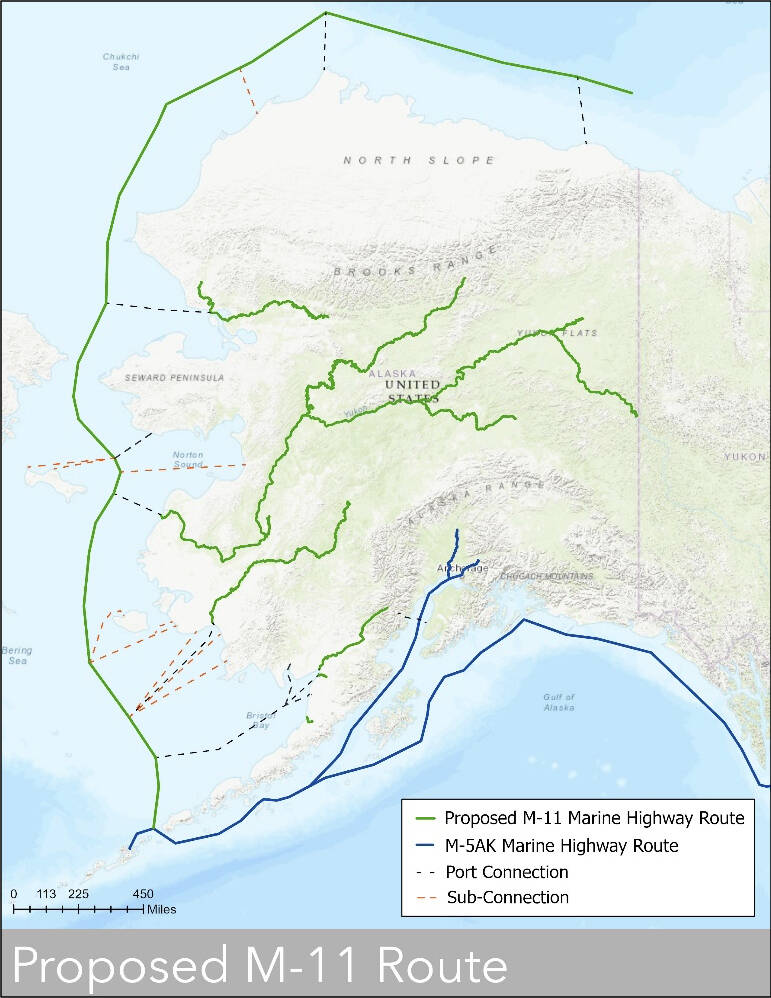A map shows a new intended marine highway in Alaska that will extend along about 6,500 miles of coastlines and rivers, essentially extending the current Alaska Marine Highway System to western, northern and interior portions of the state. (U.S. Department of Transportation Maritime Administration)
