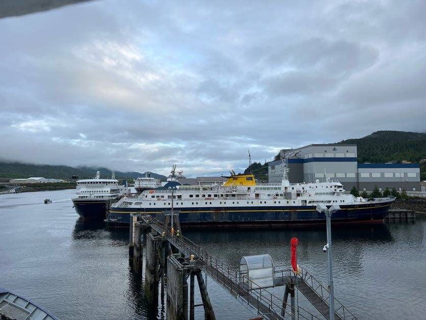 A trio of state ferries are docked as the Columbia arrives at the Alaska Marine Highway System headquarters in Ketchikan on July 16. (Meredith Jordan / Juneau Empire File)