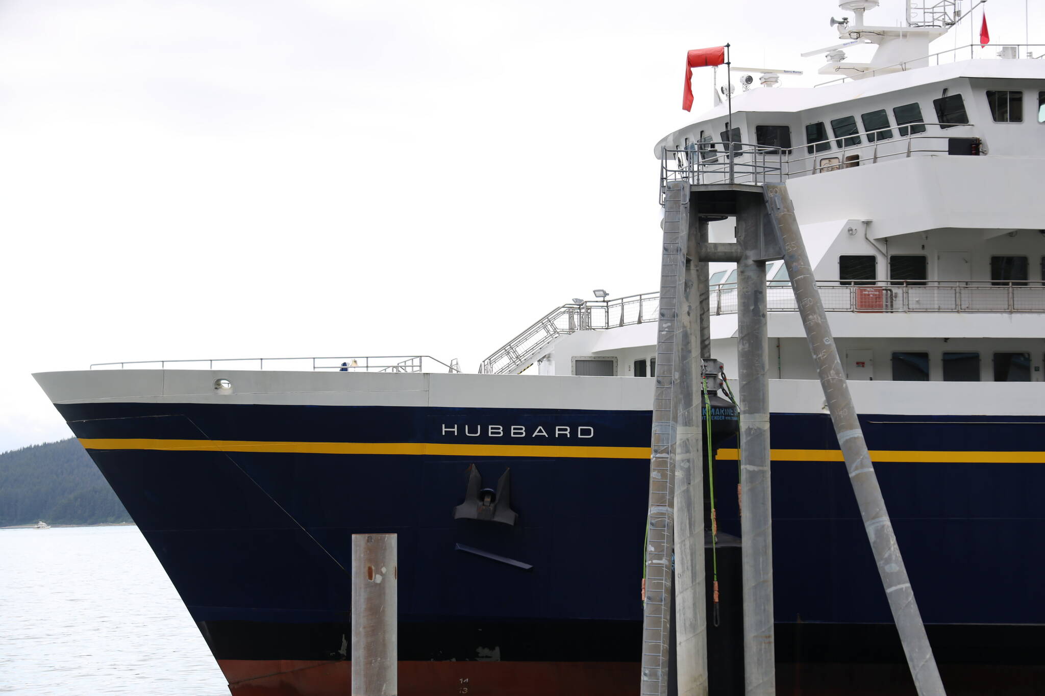 The Hubbard state ferry remains in dock at the Auke Bay Ferry Terminal on Friday after suffering generator problems that are expected to keep the ship out of service until Monday. (Clarise Larson / Juneau Empire)