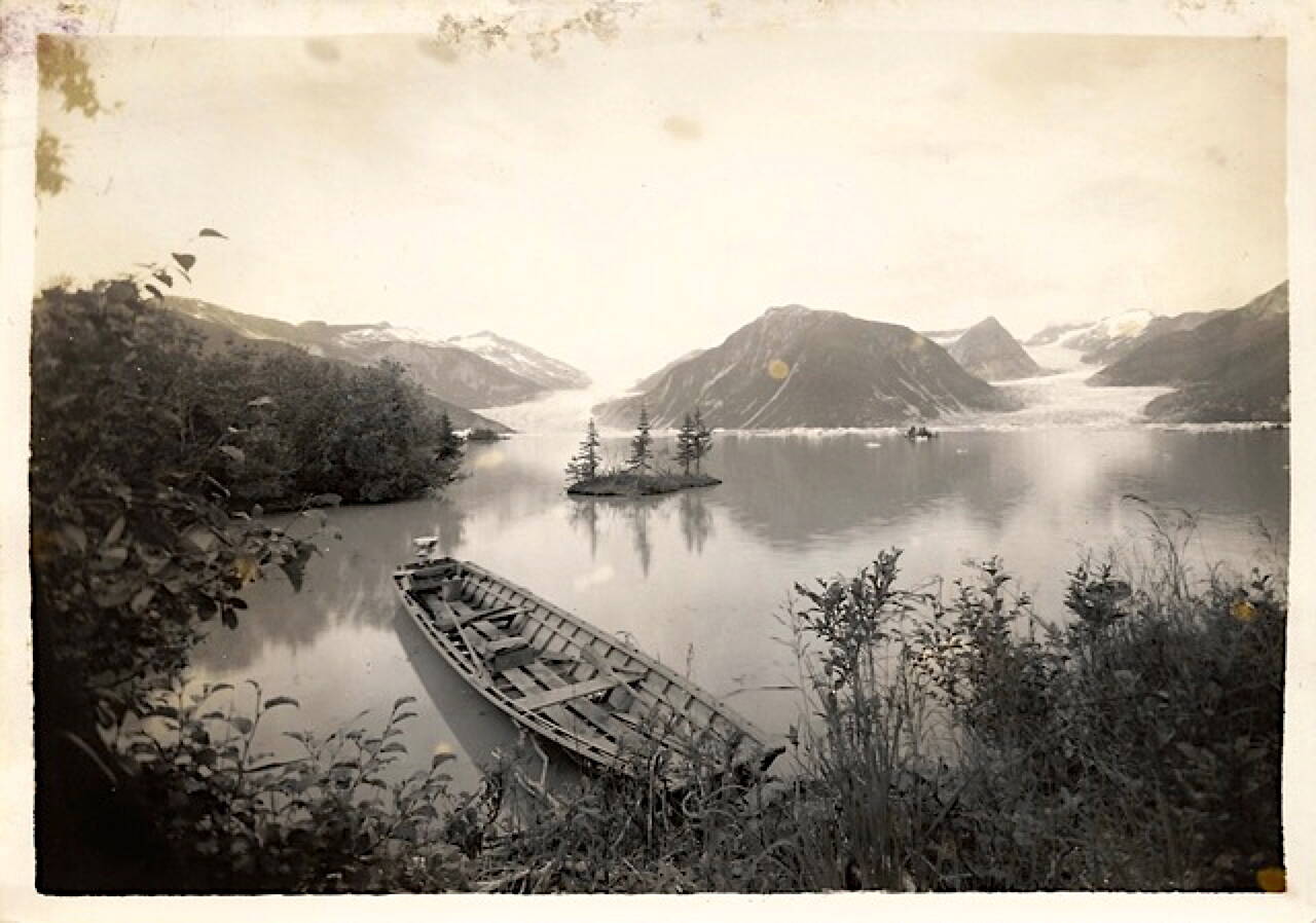 Twin Glacier Lake and glaciers near the lodge during its early years. (Courtesy of Ken and Mic Ward)