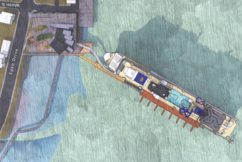 Assembly accepts appeal of new cruise ship dock permit, assigns hearing officerThis rendering depicts Huna Totem Corp.’s proposed new cruise ship dock downtown that was approved for a conditional-use permit by the City and Borough of Juneau Planning Commission in early July. The project has since been appealed and following Assembly action Monday night will now be assigned to a hearing officer. (City and Borough of Juneau)