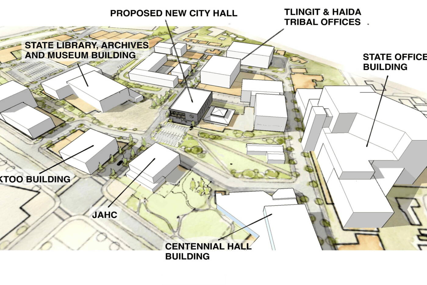 An illustration shows the location of a proposed new City Hall in Juneau. (City and Borough of Juneau)