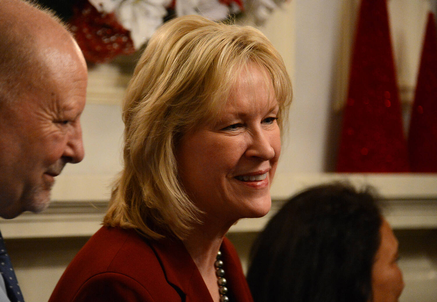 Lt. Gov. Nancy Dahlstrom is seen during the governor’s annual holiday open house on Tuesday, Dec. 12, 2022 at the Governor’s Mansion in Juneau. (James Brooks / Alaska Beacon)