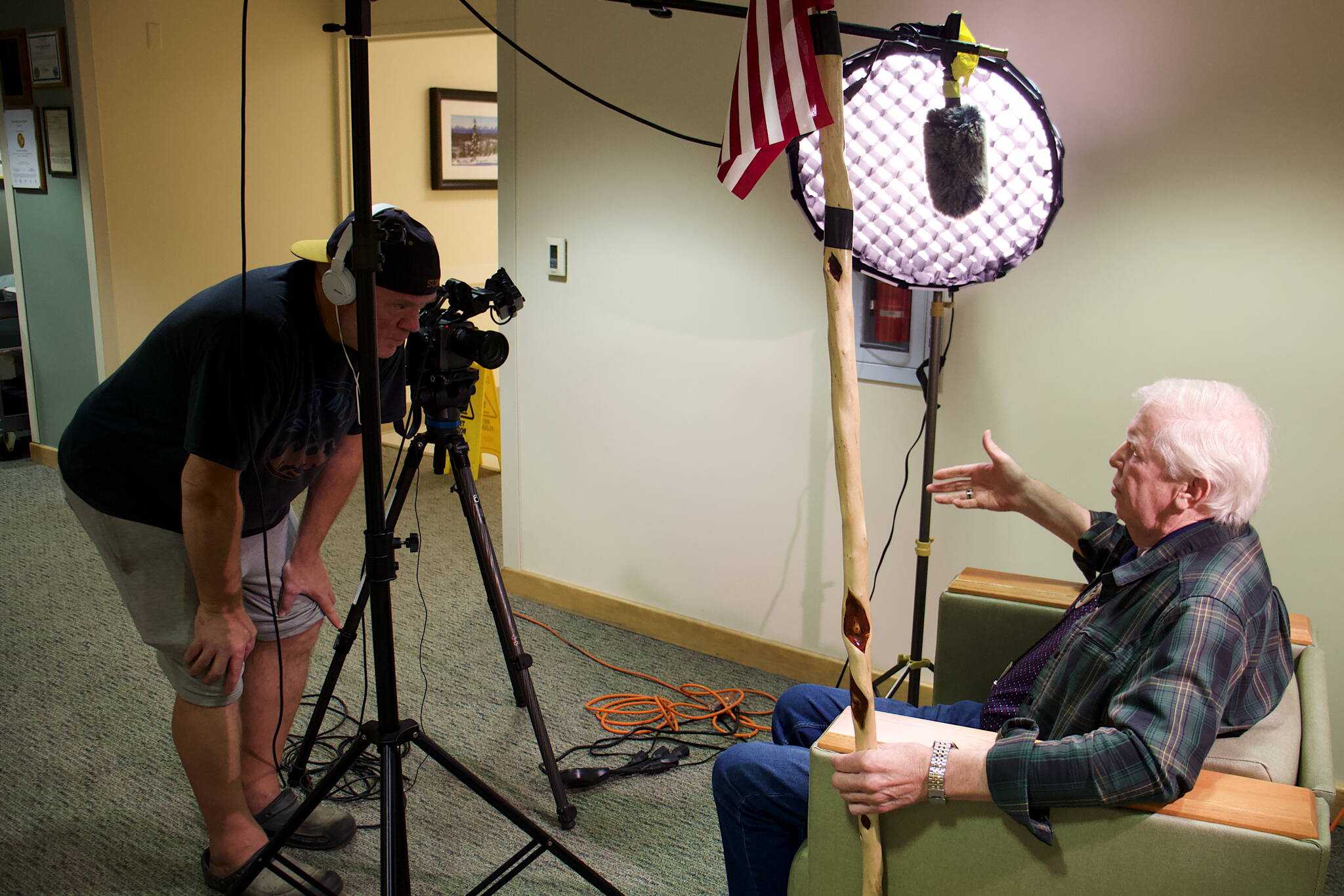 Mark Sabbatini / Juneau Empire
Jerry Adams (right) discusses what being a hospice and home care volunteer means to him while being filmed by Gabe Strong in a pop-up video booth in a hallway at Bartlett Regional Hospital. The filming, where people offering and receiving such services were invited to participate, was part a celebration of the hospital resuming hospice and home care services after they were discontinued by Catholic Community Service last fall.