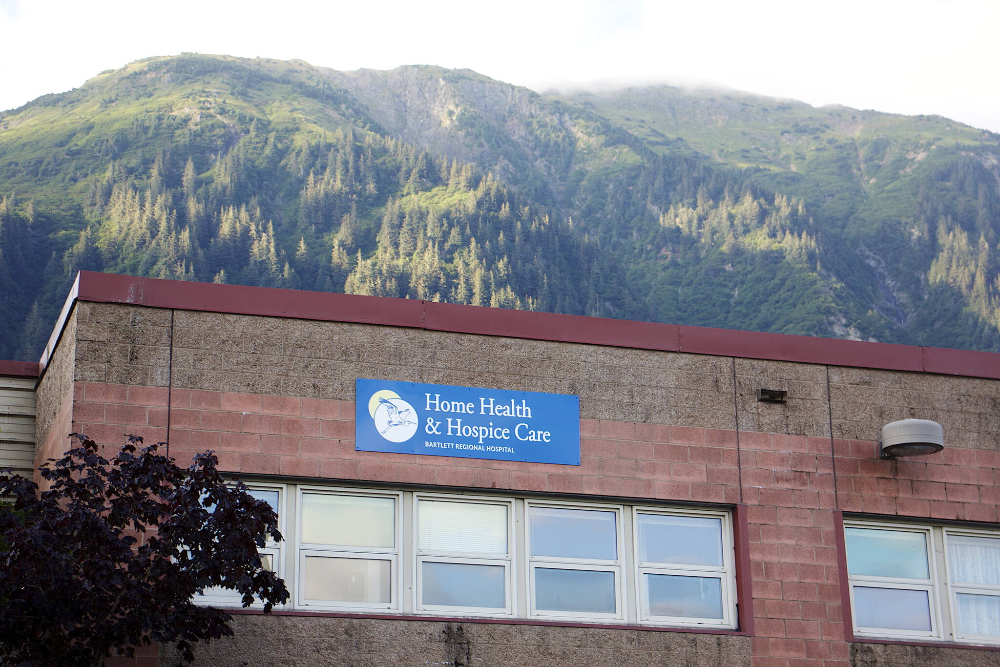 A sign for Bartlett Regional Hospital’s new hospice and home care services is seen Thursday from the upper corner of the rear of building where Foodland IGA is located. (Mark Sabbatini / Juneau Empire)