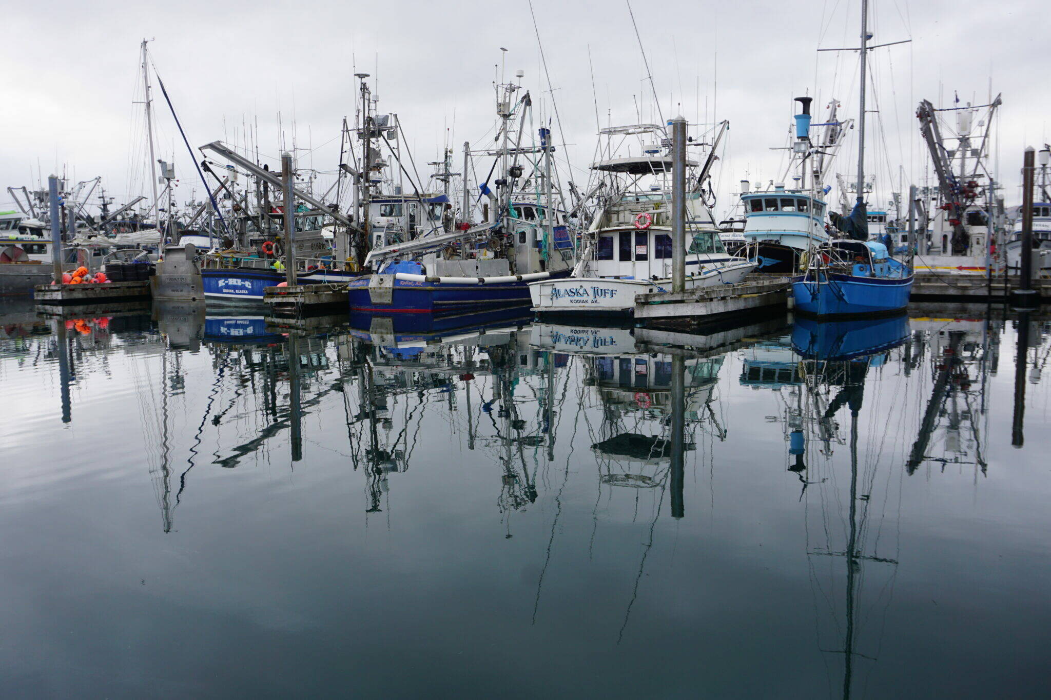 Fishing boats are lines up on Oct. 3, 2022, at a dock at Kodiak’s St. Paul Harbor. (Photo by Yereth Rosen/Alaska Beacon)