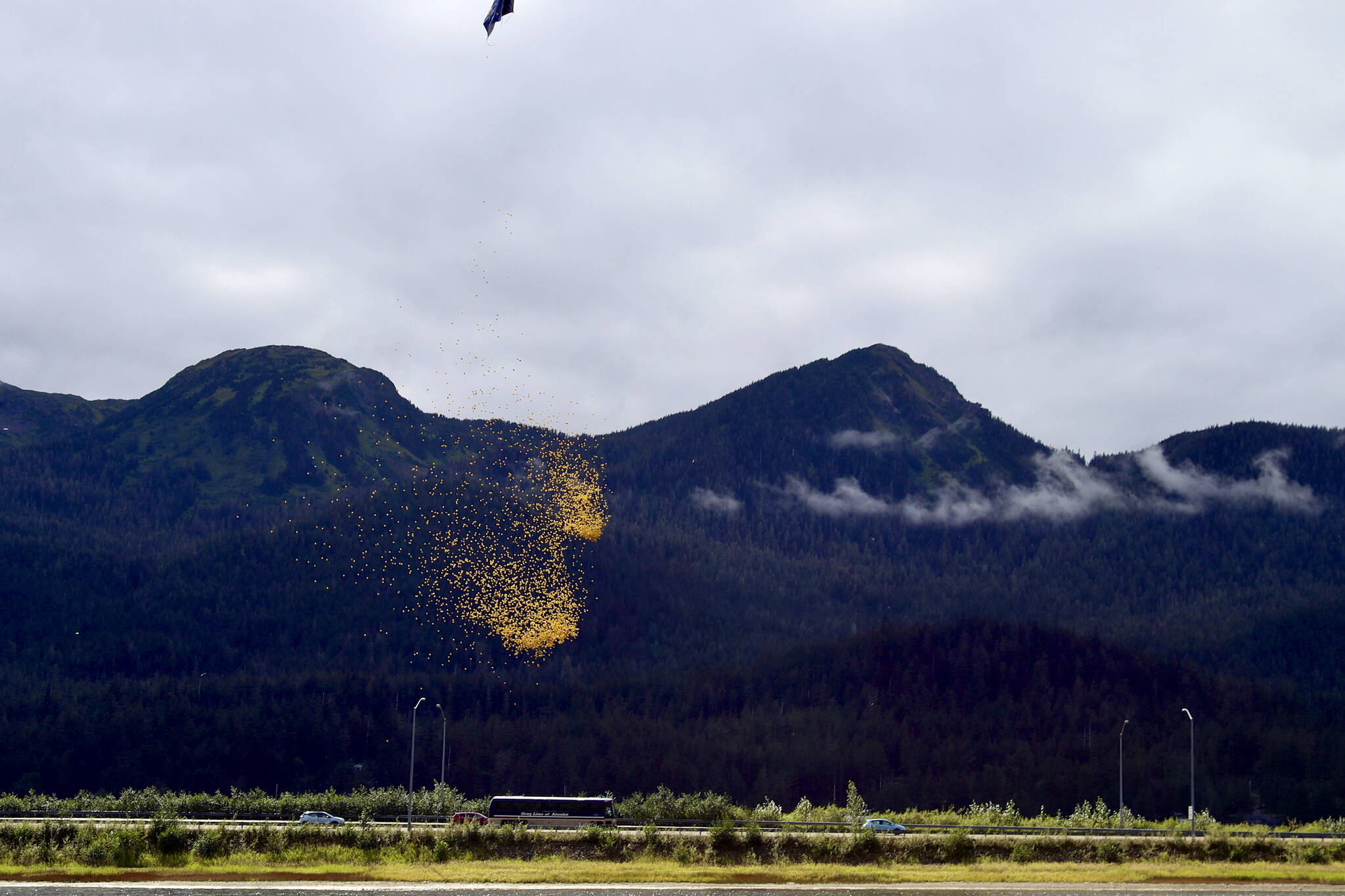 A helicopter drops 5,769 rubber ducks over Twin Lakes during the Glacier Valley Rotary Duck Derby on Saturday. (Meredith Jordan / Juneau Empire)