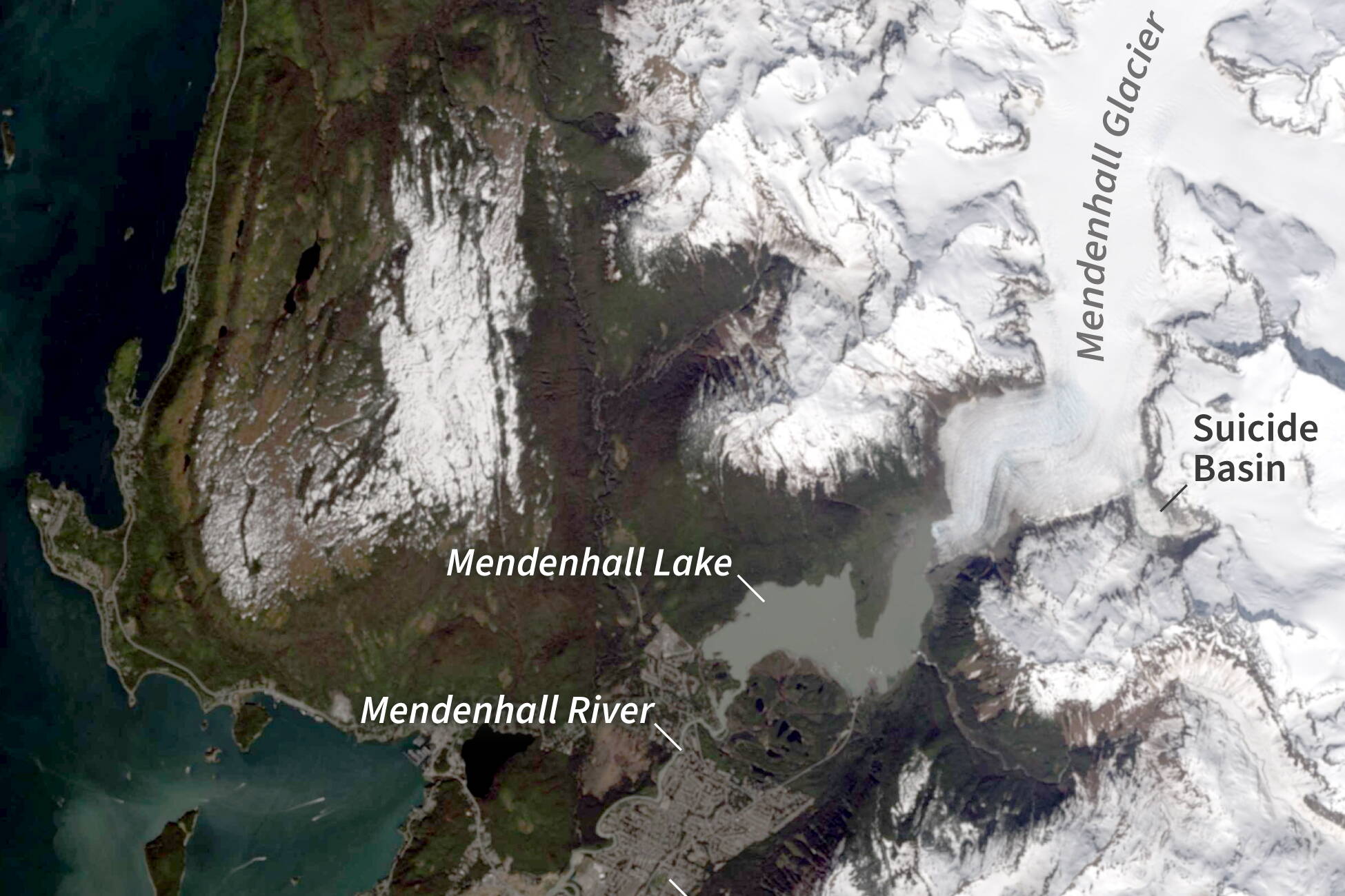 A map shows the location of Suicide Basin, an ice dam which since 2011 has released water into the Mendenhall Lake and River in an annual cycle known as a jökulhlaup. (National Oceanic and Atmospheric Administration)