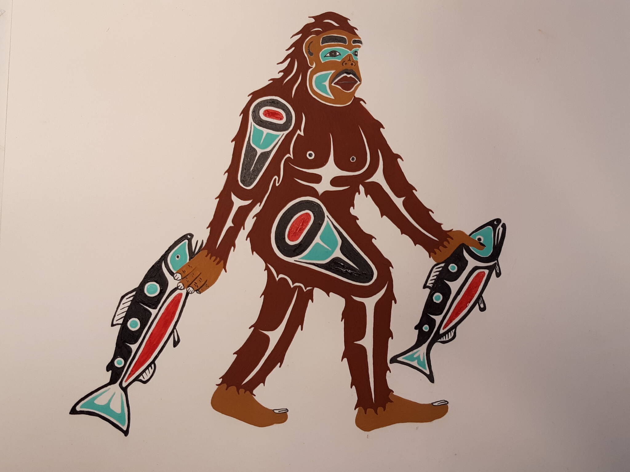 Artist Thomas Sewid will be displaying his work at the Juneau Bigfoot Town Hall on Sept. 8. This design, “Sasquatch Salmon Season,” was inspired by a story he heard of a campsite encounter where Bigfoot was seen walking up a river with a salmon in each hand. (Photo courtesy of Thomas Sewid)