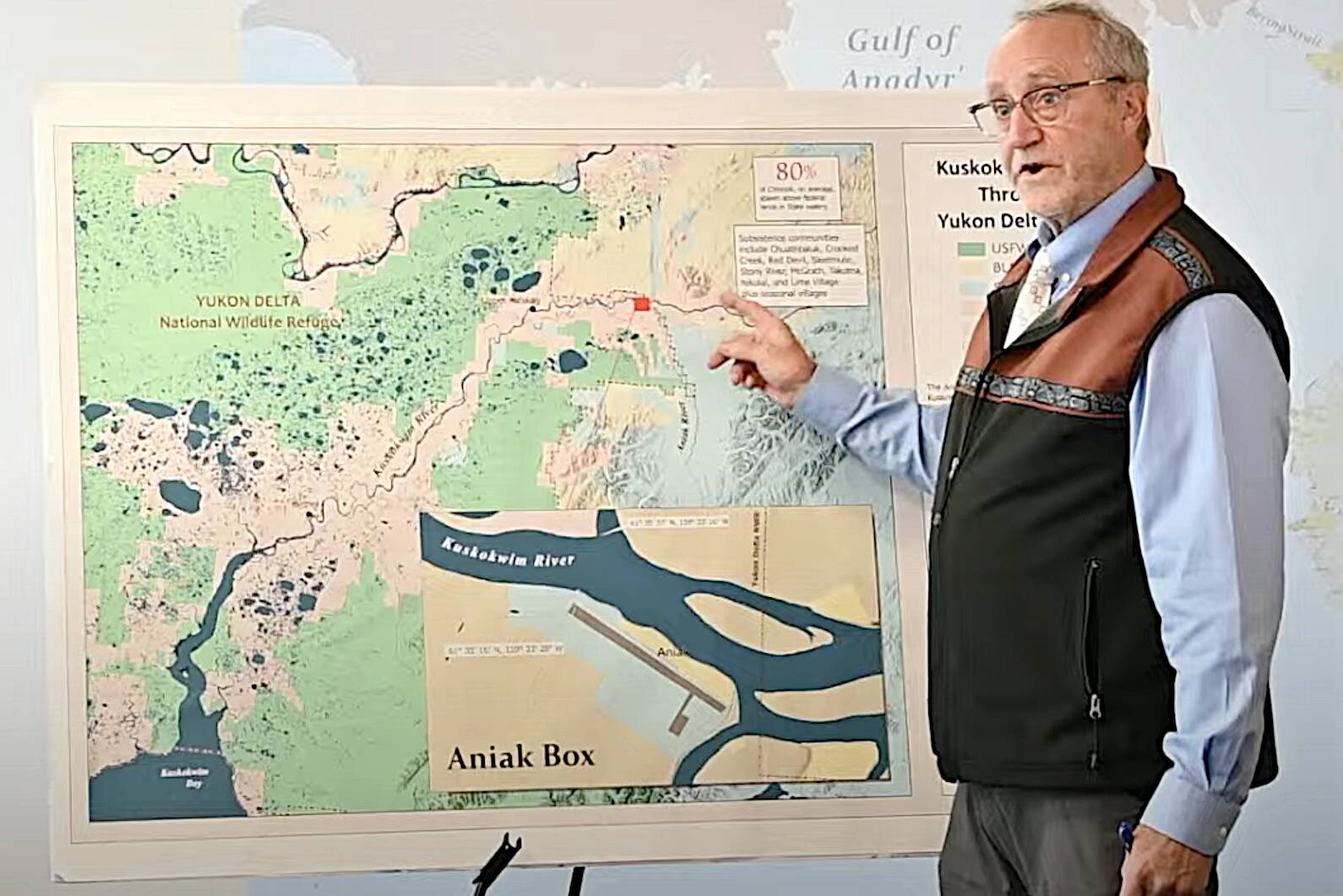 Doug Vincent-Lang, commissioner of the Alaska Department of Fish and Game, explains the state’s position on fisheries management on the Kuskokwim River during a press conference Friday in Anchorage. Gov. Mike Dunleavy announced during the event the state is seeking summary judgment in a lawsuit by the federal government that accuses the state of illegal subsistence management practices. (Screenshot from official video by the Governor of Alaska)