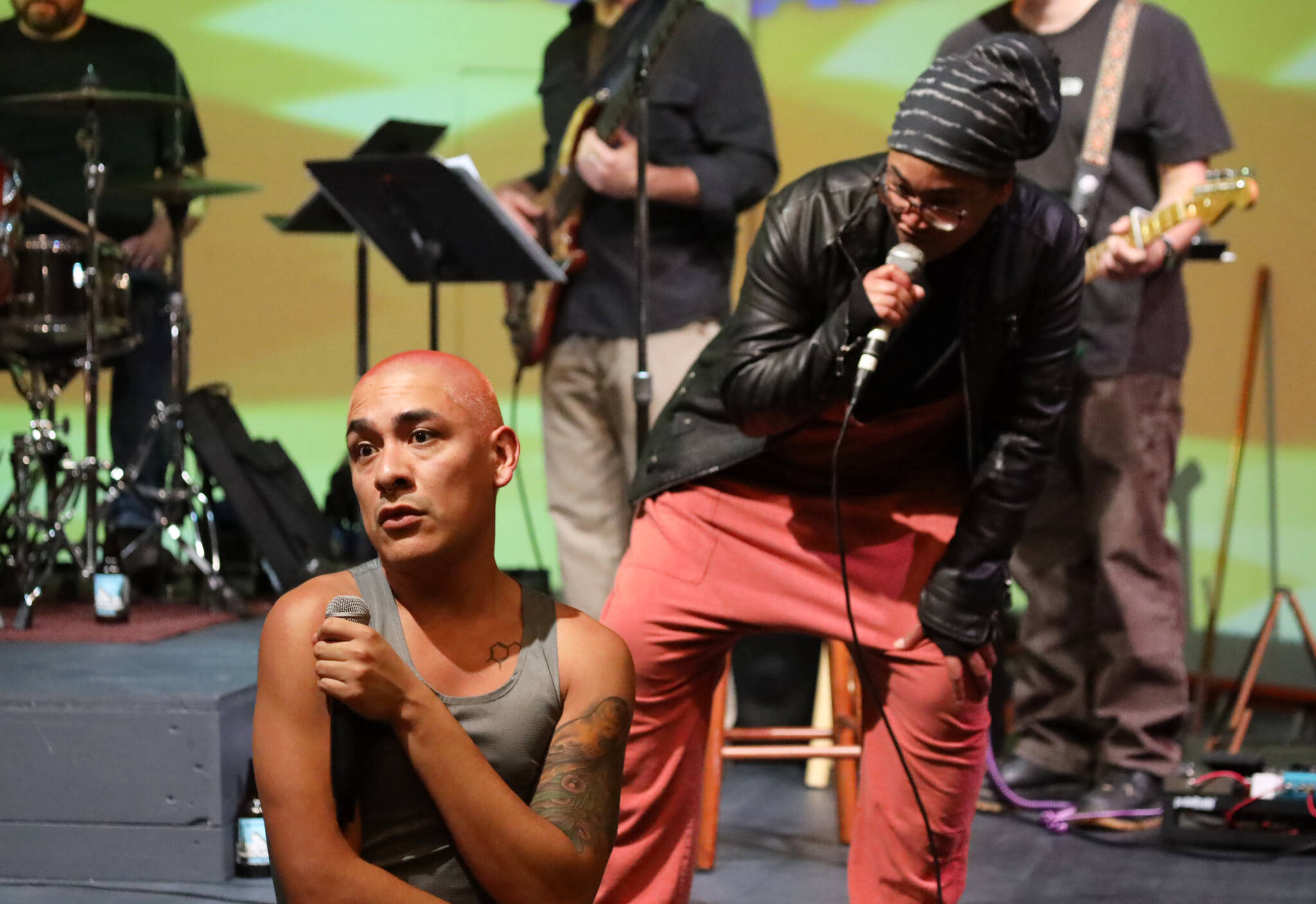 Rio Alberto and Salissa Thole interact during a rehearsal Tuesday evening of “Hedwig and The Angry Inch” which debuts at Perseverance Theatre on Sept. 15. (Clarise Larson / Juneau Empire)