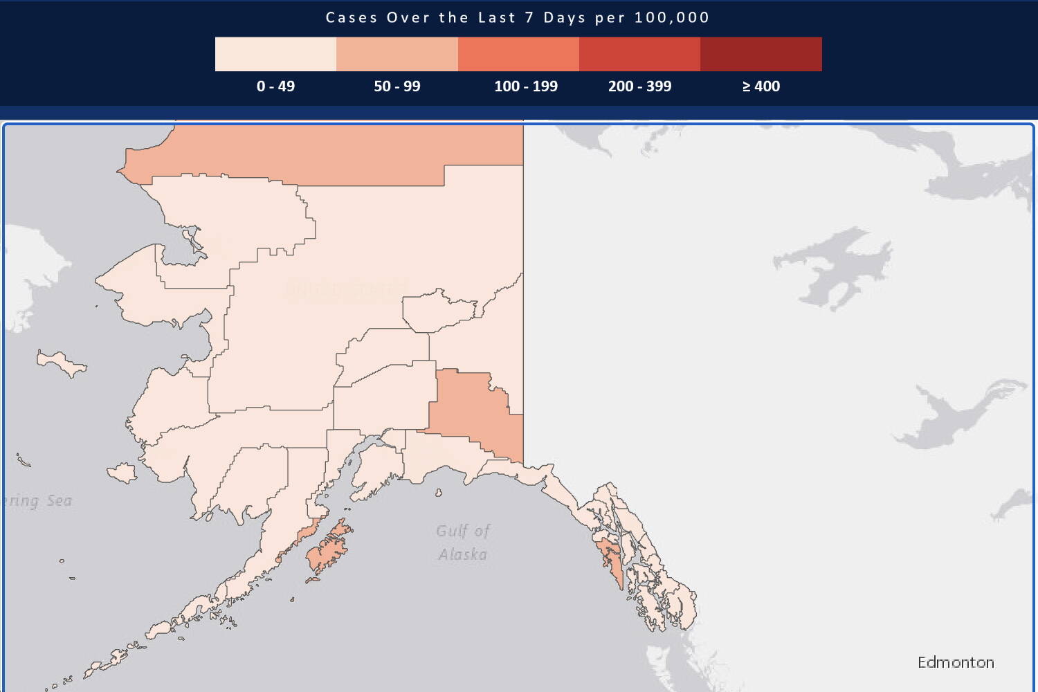 The state’s official COVID-19 dashboard shows infection rates for various areas during the past week. (Alaska Department of Health)