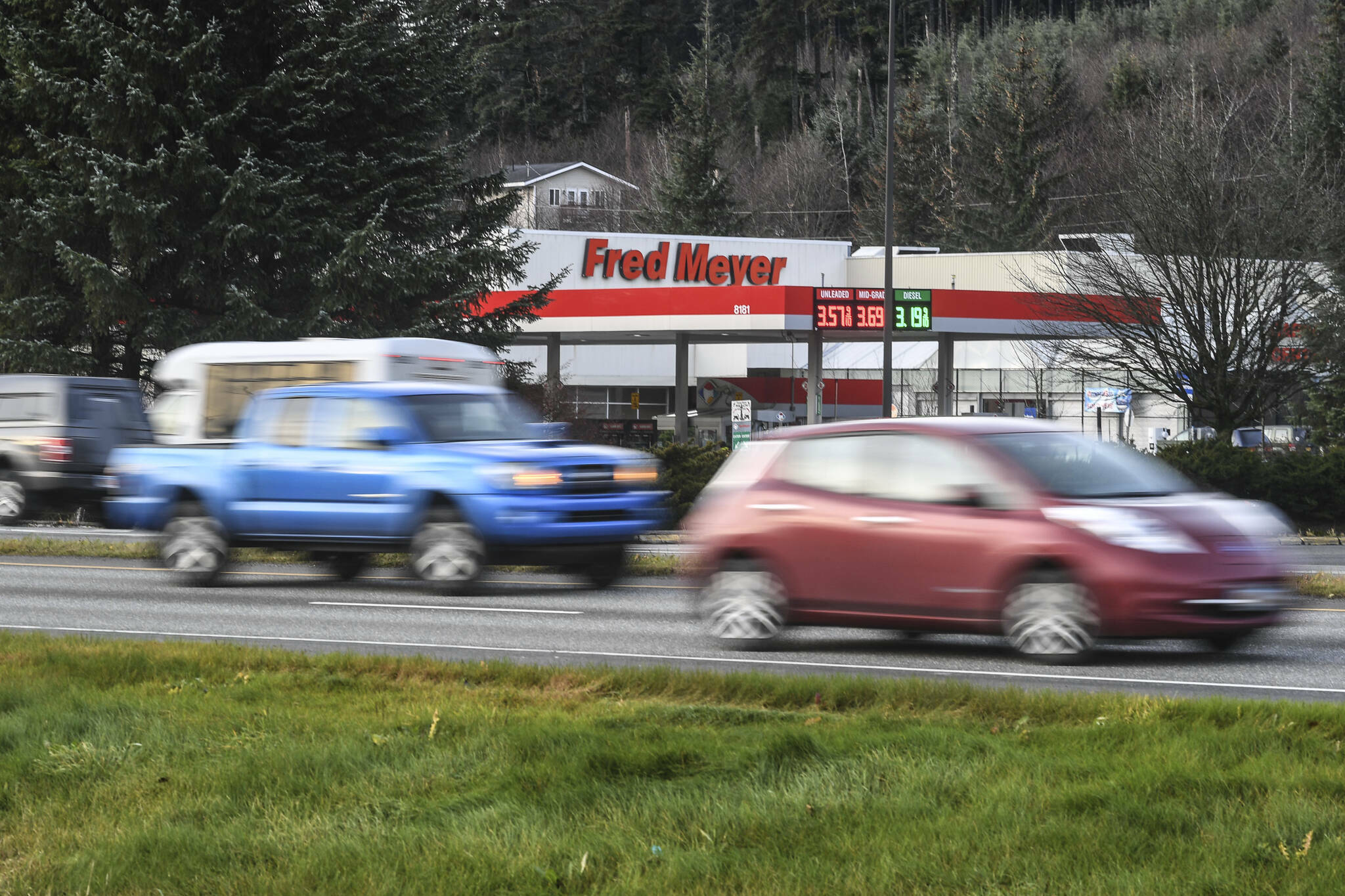 Traffic passes by Fred Meyer in Juneau in November 2019. The store’s parent company, Kroger Co., is planning to merge with Albertsons Companies Inc., the parent company of Safeway. The companies announced Friday 14 of 35 Carrs Safeway stores in Alaska will be sold as part of the merger, but it is not known if Juneau’s Safeway is among them. (Michael Penn / Juneau Empire File)