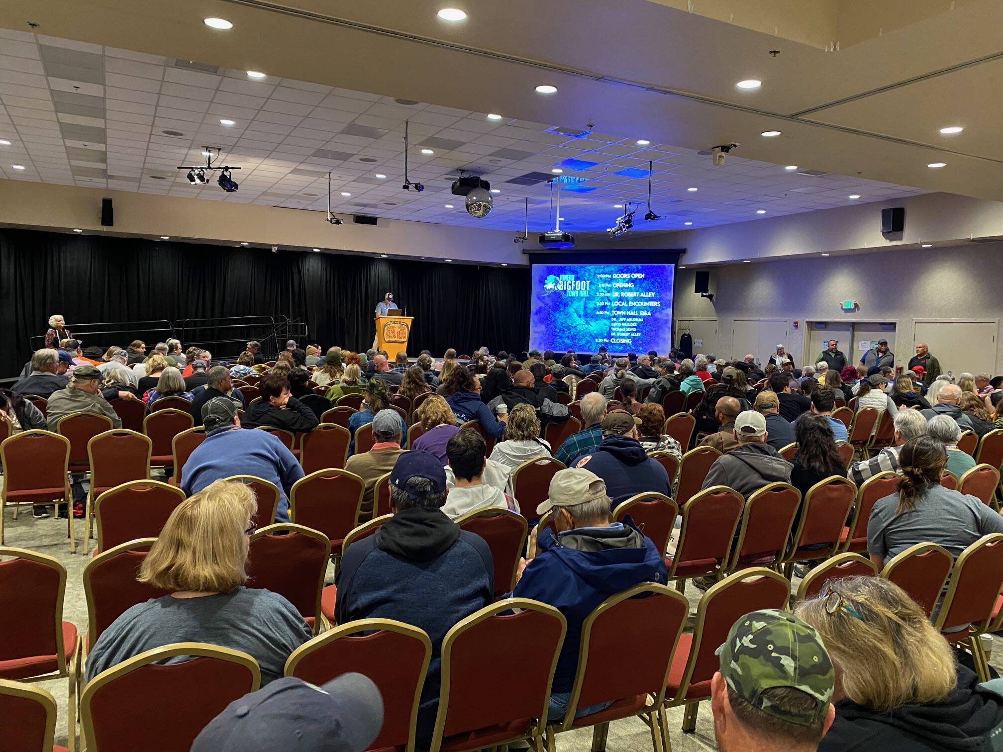Hundreds of people attend the Juneau Bigfoot Town Hall on Friday at Elizabeth Peratrovich Hall. (Meredith Jordan / Juneau Empire)