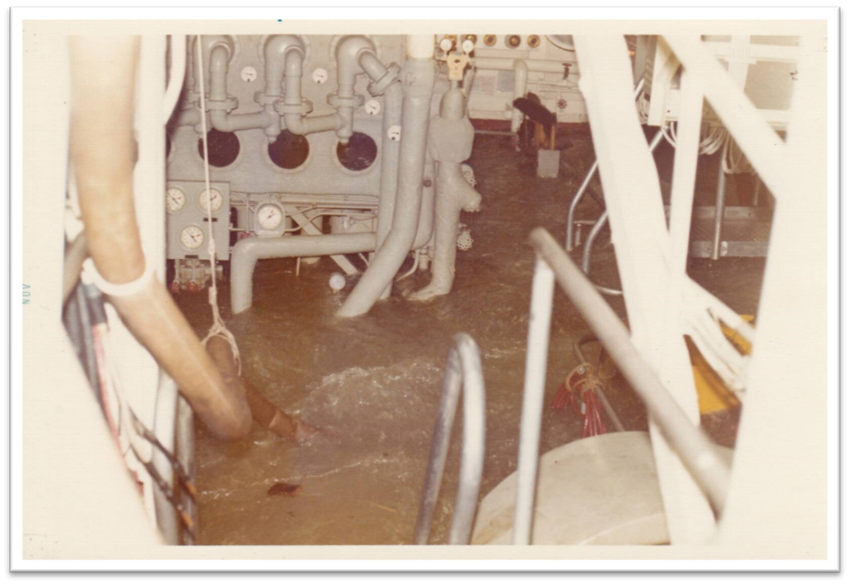 This photo of the cutter Jarvis engine room shows about five feet of water, which eventually rose to 13 feet. (Courtesy of Jack Hunter/ All Present and Accounted For)