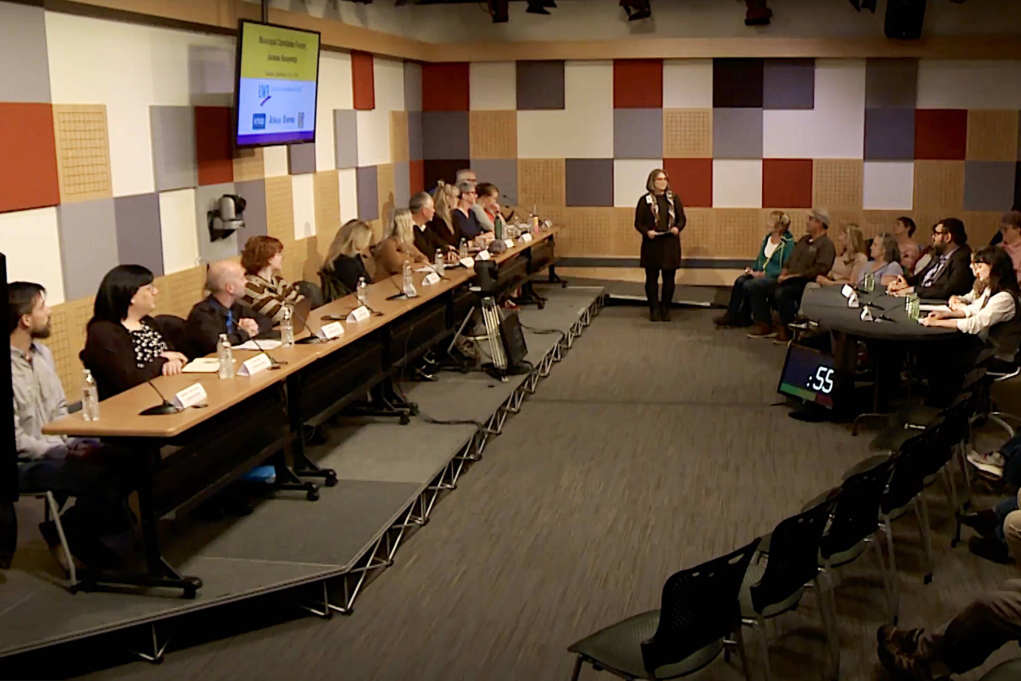 Juneau Assembly candidates prepare to answer questions during a 90-minute forum on Tuesday night at the KTOO studios. The forum was hosted by the Juneau League of Women Voters, and moderated by media representatives from KTOO, KINY and the Juneau Empire. (Screenshot from shared video of forum)