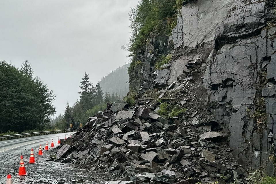 This is a photo of a rockslide that occurred Thursday morning along Glacier Highway just beyond Tee Harbor. (Courtesy / Alaska Department of Transportation and Public Facilities)