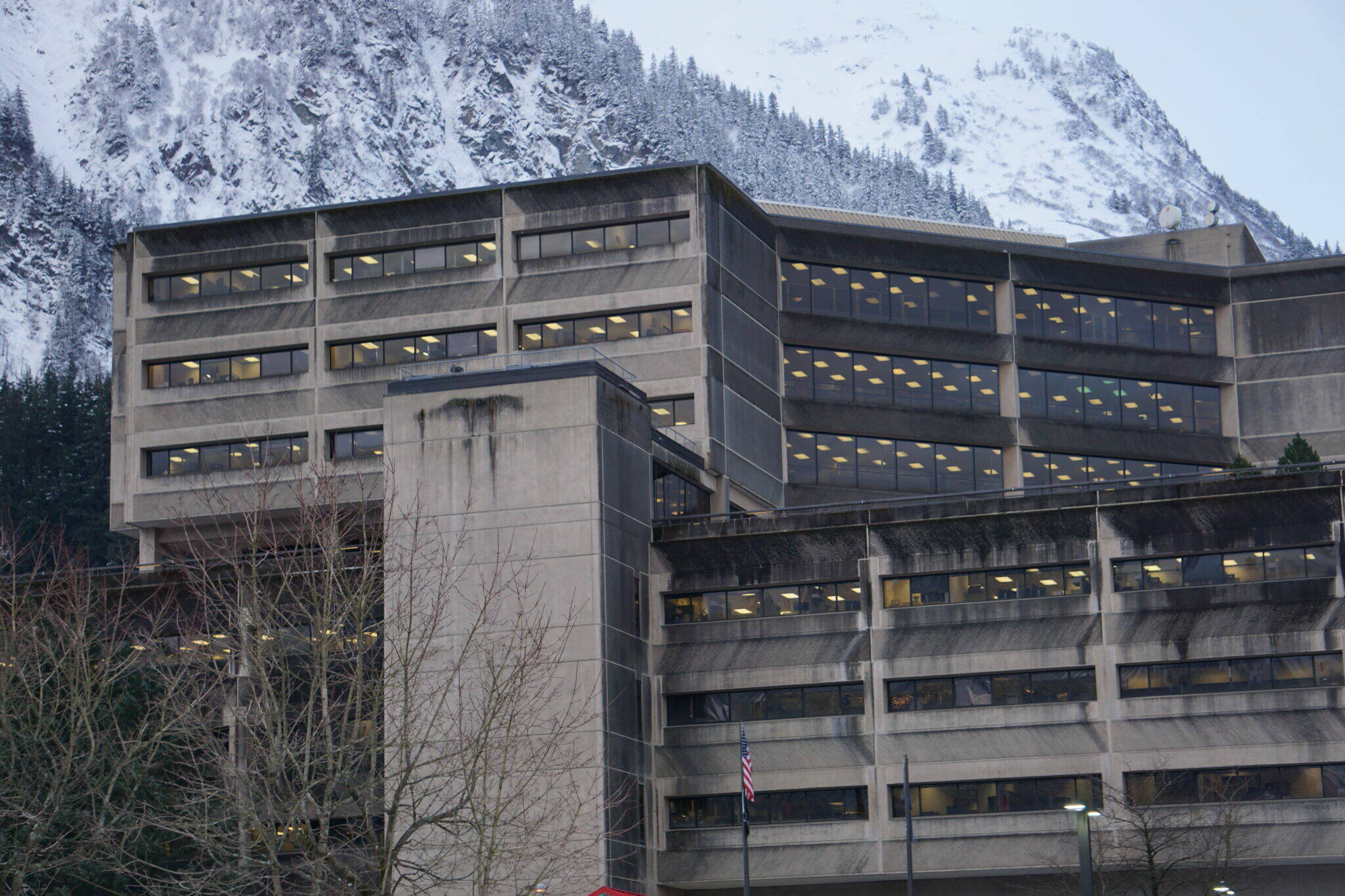 The Alaska State Office Building in Juneau, the state capital, is seen on Feb. 16, 2023. (Photo by Yereth Rosen/Alaska Beacon)
