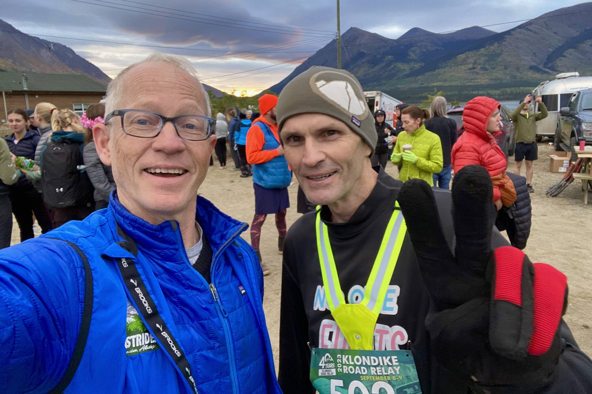 Tom Thompson and Klas Stolpe at the start of the 44-mile solo ultra during the 40th Annual Klondike Road Relay, Saturday, Sept. 9. Stolpe was running as team No One Fights Alone in support of his brother James who is fighting cancer. (Photo by Tom Thompson)