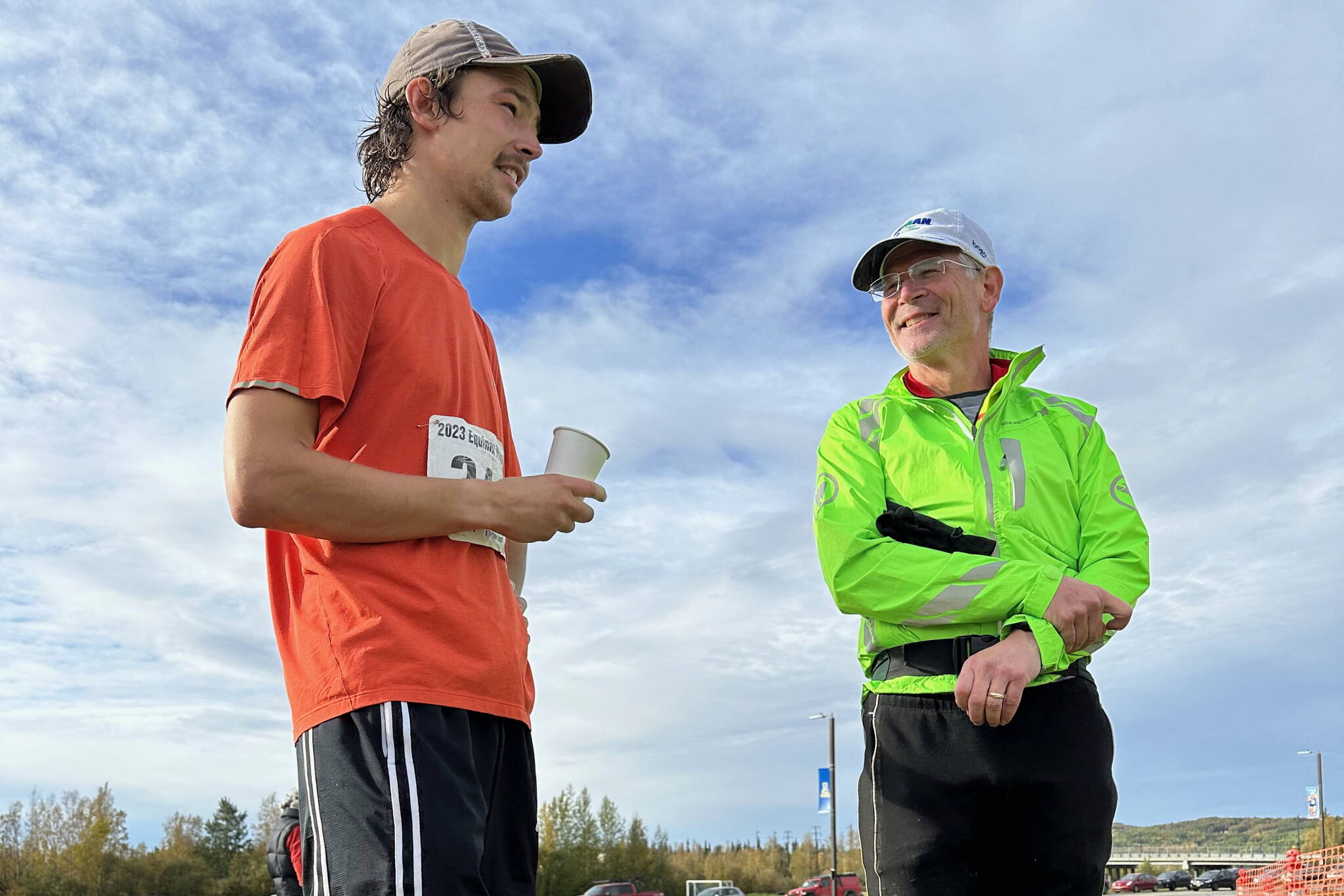 Zack Bursell, left, stands with father John, right, after winning the Equinox Marathon in Fairbanks, Saturday, Sept. 16. (Photo courtesy Jamie Bursell)