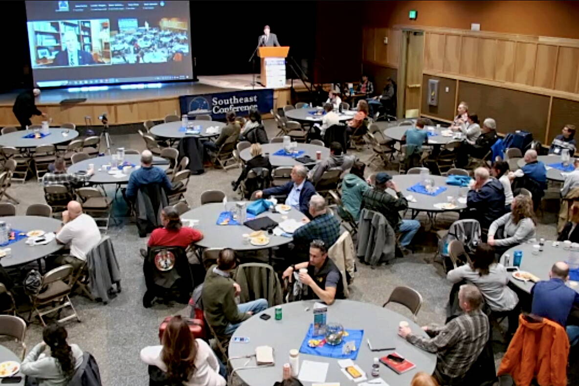 U.S. Sen. Dan Sullivan, R-Alaska, gives a live speech via video from Washington, D.C., to attendees at the annual Southeast Conference meeting in Sitka on Thursday. (Screenshot from video by Southeast Conference)