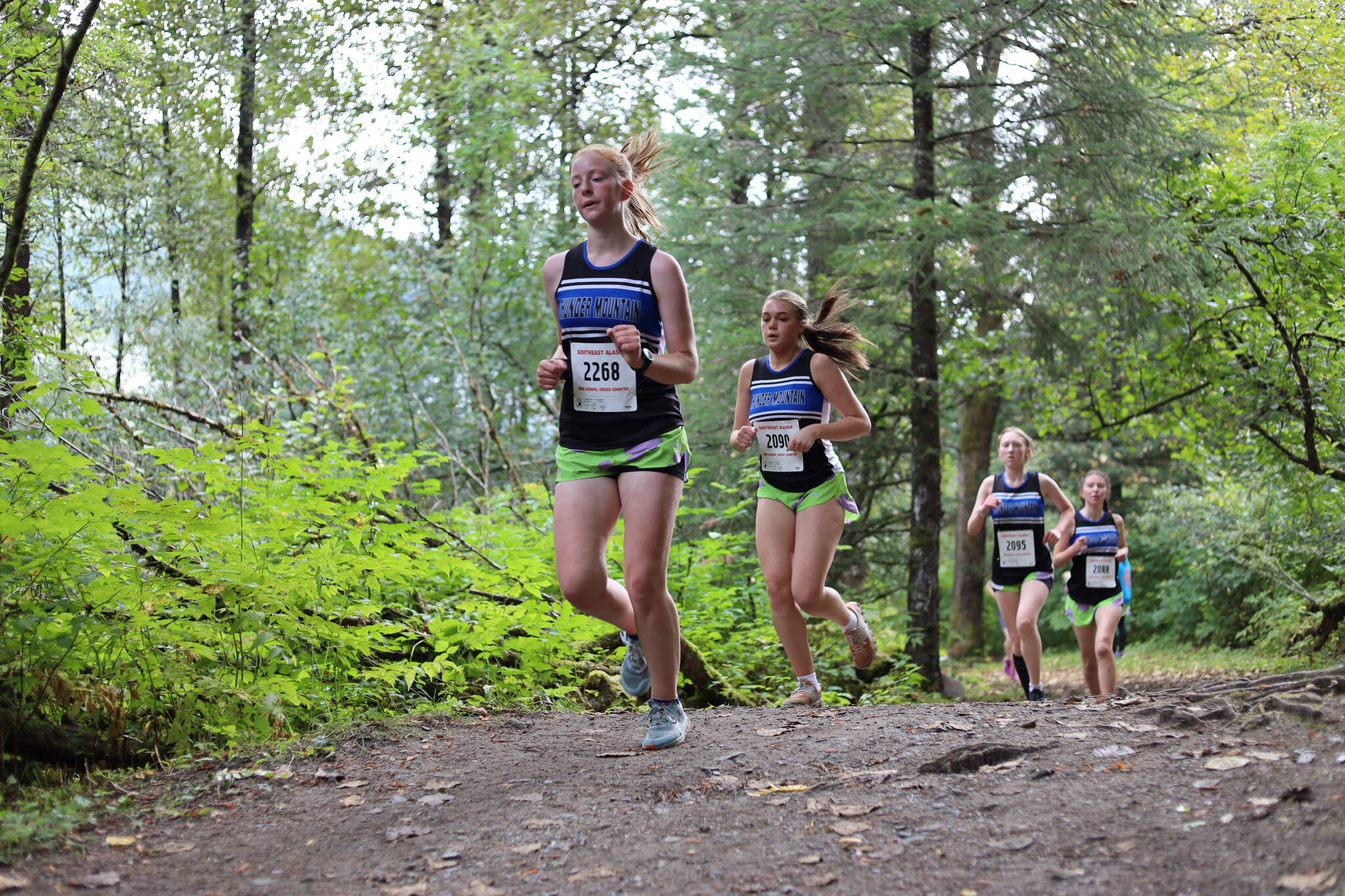 Girls from Thunder Mountain High School run on a trail in the Sayeik Invitational on Douglas on Aug. 26. Students from Southeast Alaska schools will participate at the same site Saturday for the Region V cross-country champions. (Clarise Larson / Juneau Empire File)