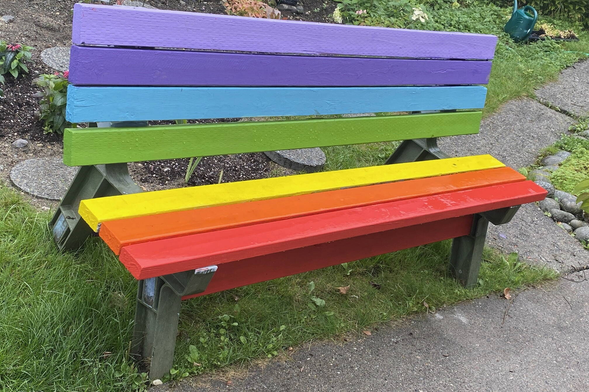 A rainbow bench downtown on Sept. 8. (Photo by Denise Carroll)