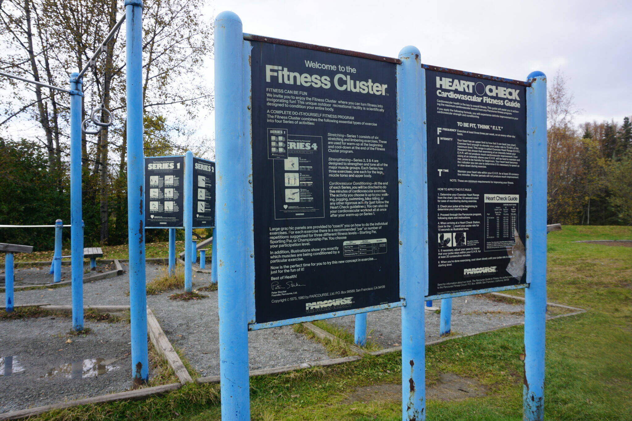 An exercise station at Anchorage’s Westchester Lagoon is seen on Monday. The “Fitness Cluster” offers opportunities for strength and cardiovacular training, and signage gives fitness information and advice. Two-thirds of Alaska adults are overweight or obese, and about a fifth of them engage in no physical activity, according to an annual report released by the state Department of Health. (Photo by Yereth Rosen/Alaska Beacon)