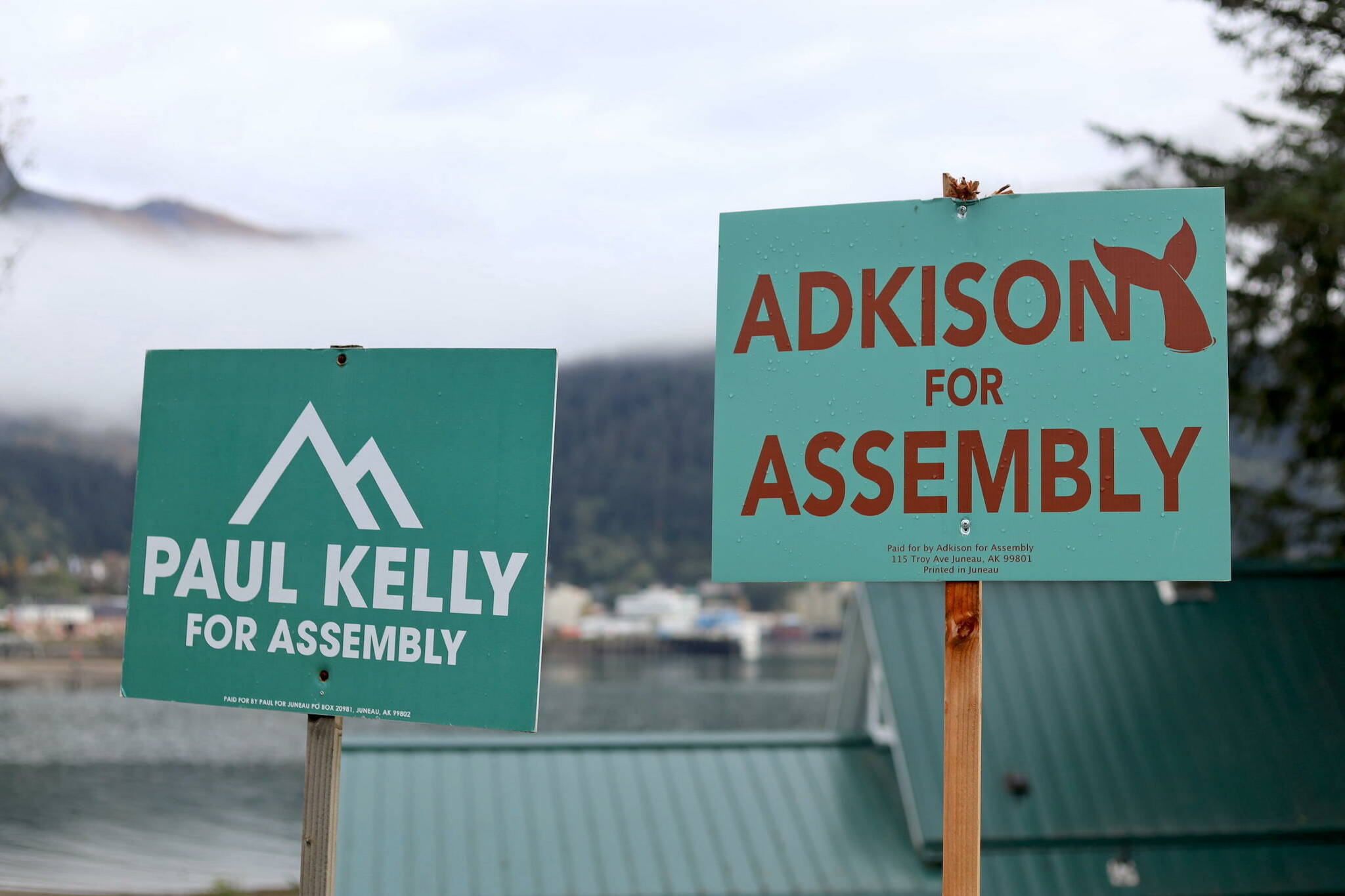 Campaign signs for Areawide Assembly candidates Paul Kelly and Ella Adkison sit side-by-side in a yard on Douglas. Kelly and Adkison are the candidates currently leading in the 10-person field for two open Assembly Areawide seats, according to preliminary results released Wednesday morning. (Clarise Larson / Juneau Empire)