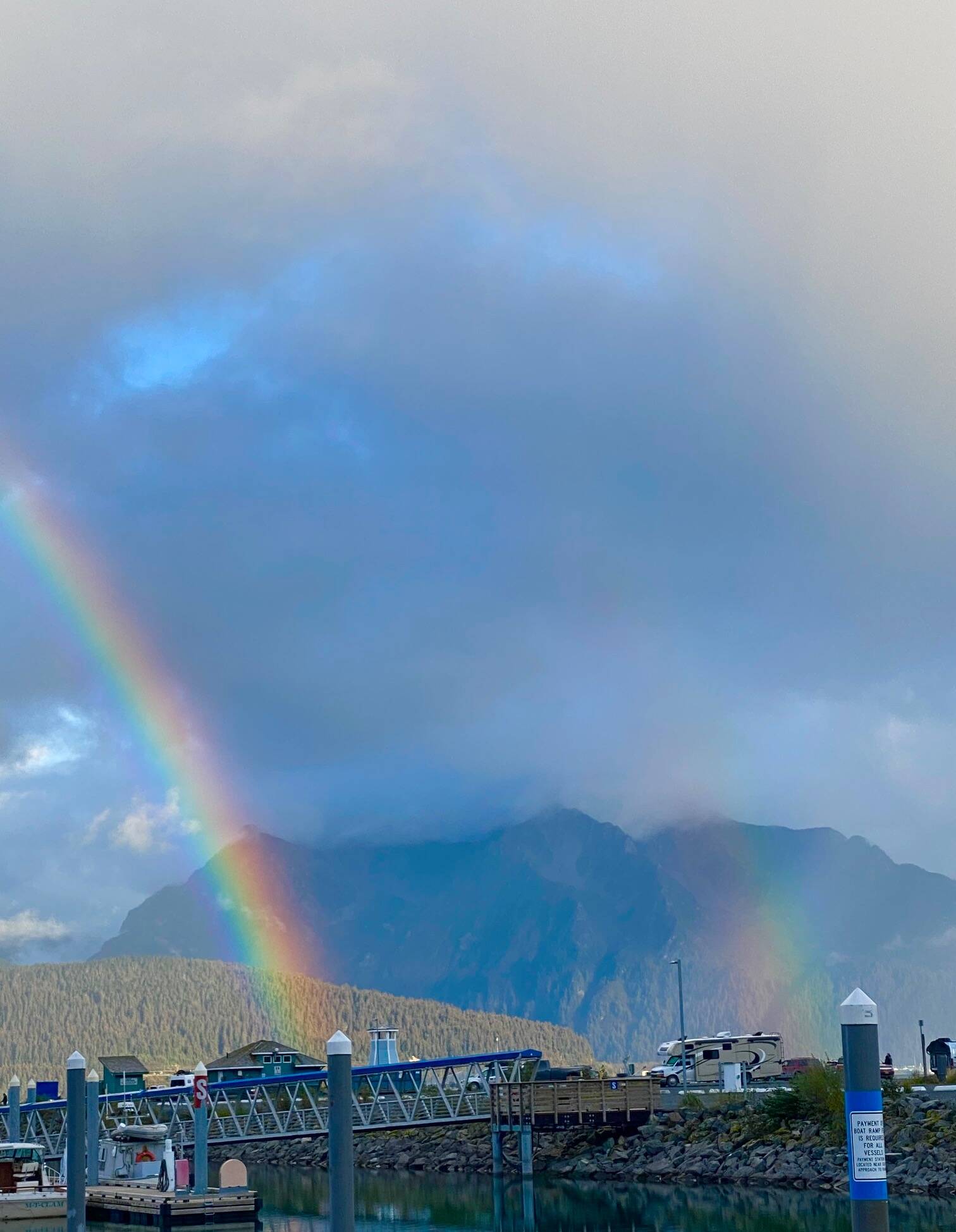A double rainbow appears over the harbor in downtown Seward on Sept. 21. (Photo by Denise Carroll)