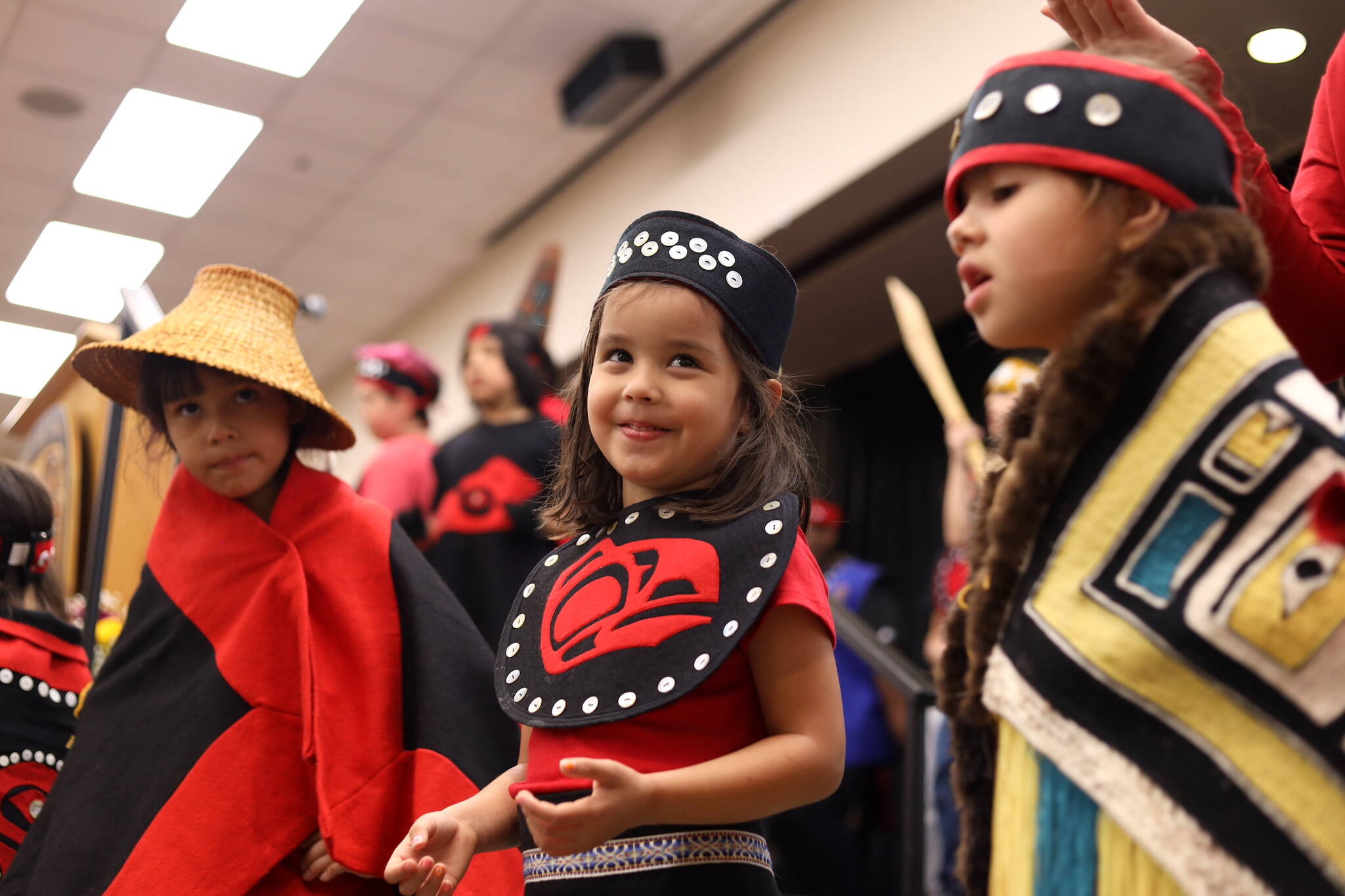 Jolleen LaRue, a student from the Tlingit Culture Language and Literacy program, sings alongside other students during a healing event on Indigenous Peoples’ Day on Monday to acknowledge and accept an apology of the closure of Juneau’s Memorial Presbyterian Church in 1962. (Clarise Larson / Juneau Empire)
