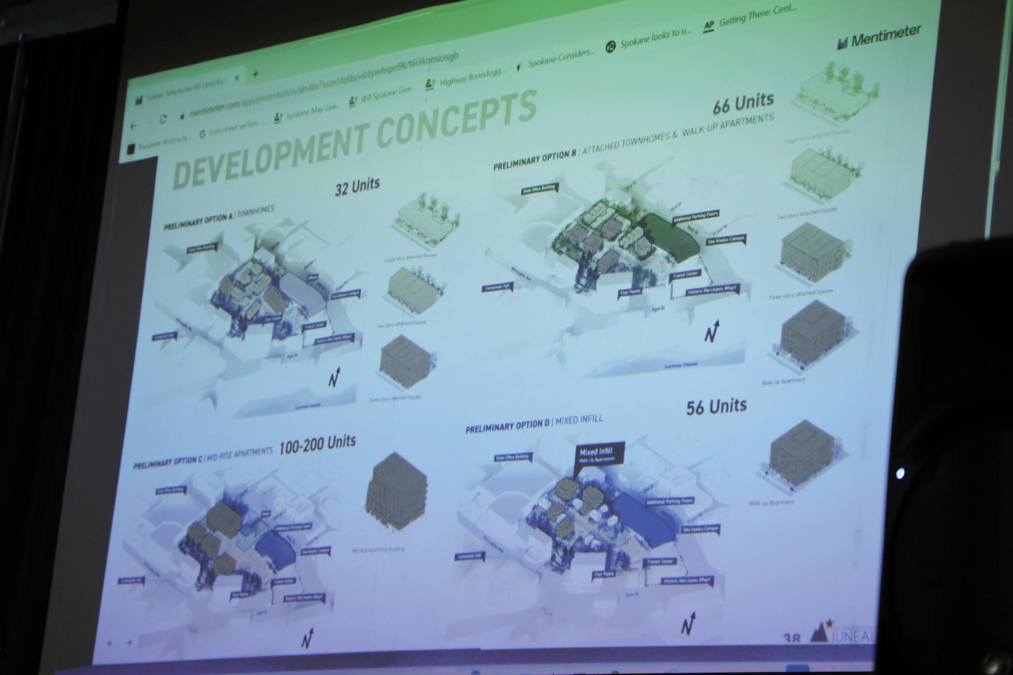 This is a photo of the four proposed designs for the Telephone Hill redevelopment project that were presented Wednesday evening at the Juneau Arts and Culture Center. (Clarise Larson / Juneau Empire)