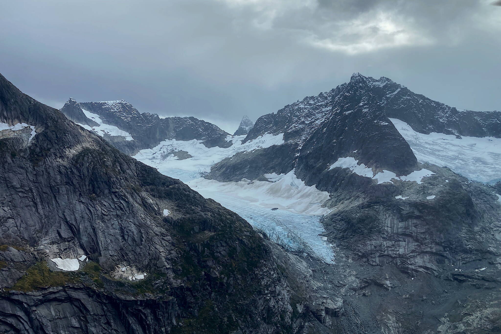 Aerial view of a glacier and the surrounding mountains near Antler Lake north of Juneau on Sept. 26. (Photo by Connor M. Johnson)