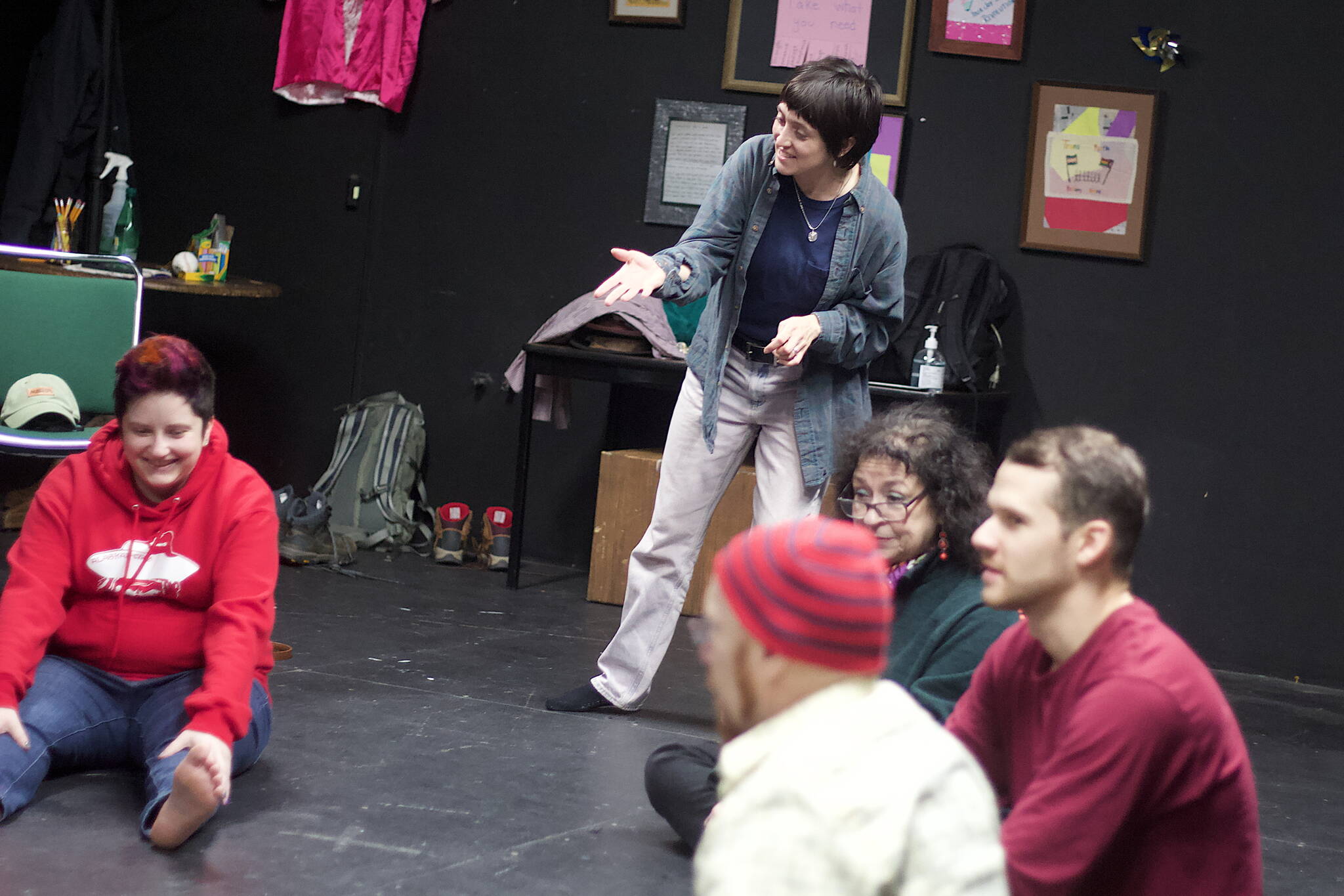 Tallie Medel, a Ketchikan native who’s soared to global fame recently as a co-star in “Everything Everywhere All At Once, instructs students during a clown class at Perseverance Theatre on Tuesday night. (Mark Sabbatini / Juneau Empire)