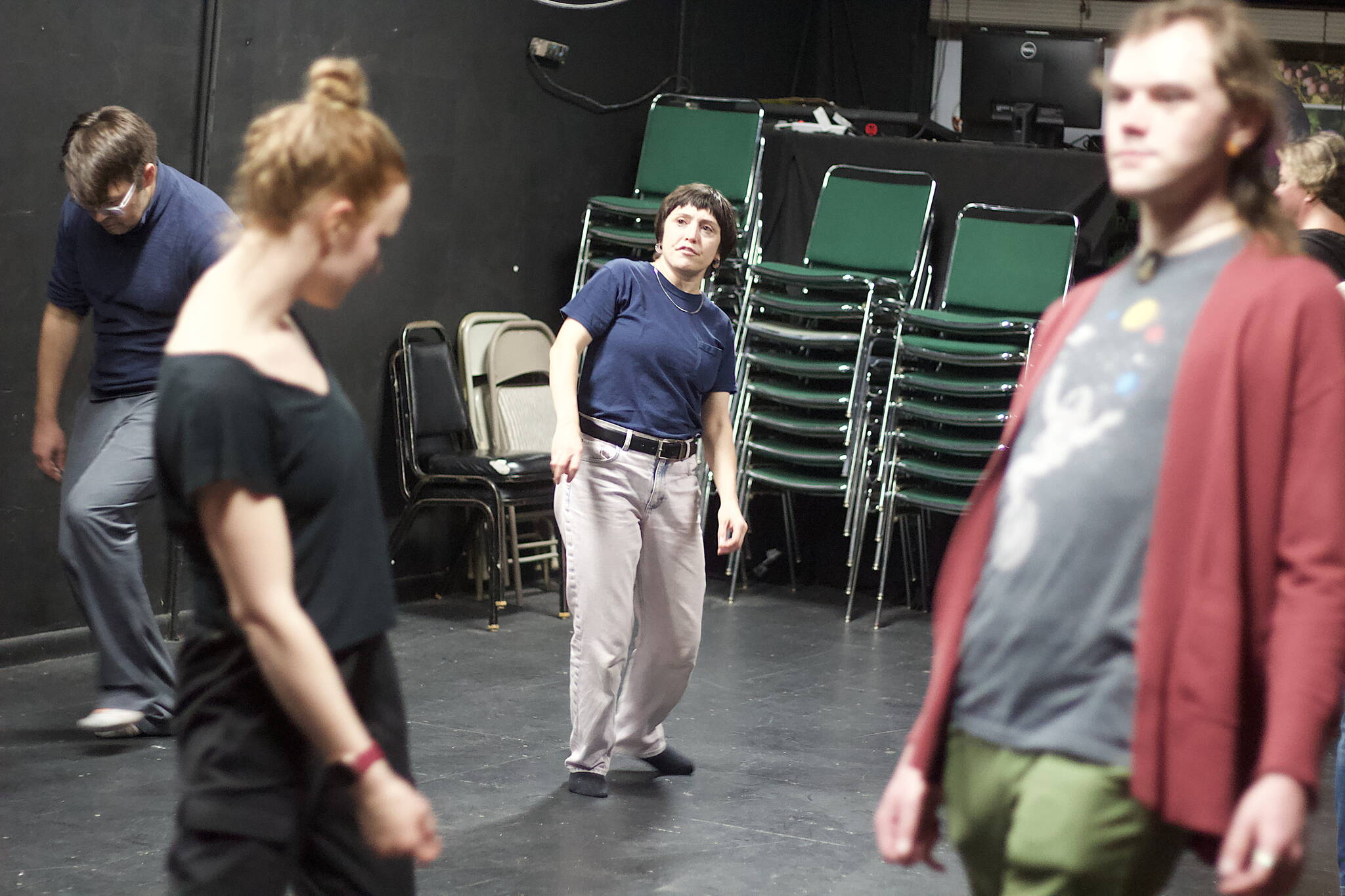 Tallie Medel instructs students how to take a variety of stage steps during a clown class at Perseverance Theatre on Tuesday night. (Mark Sabbatini / Juneau Empire)