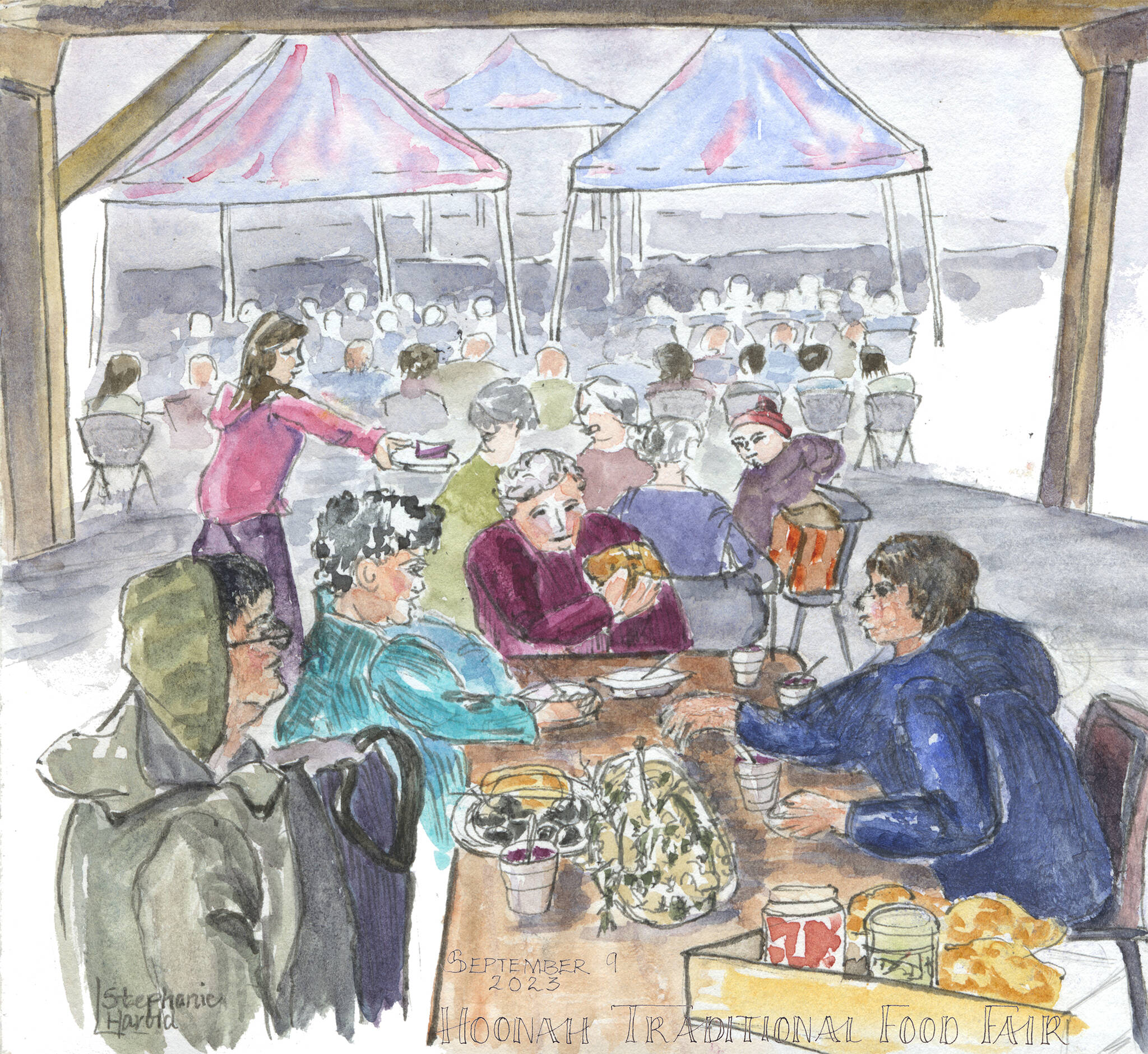 A sketch shows people gathering around tables under tents at the annual Traditional Food Fair in Hoonah on Sept. 9. (Sketch by Stephanie Harold)