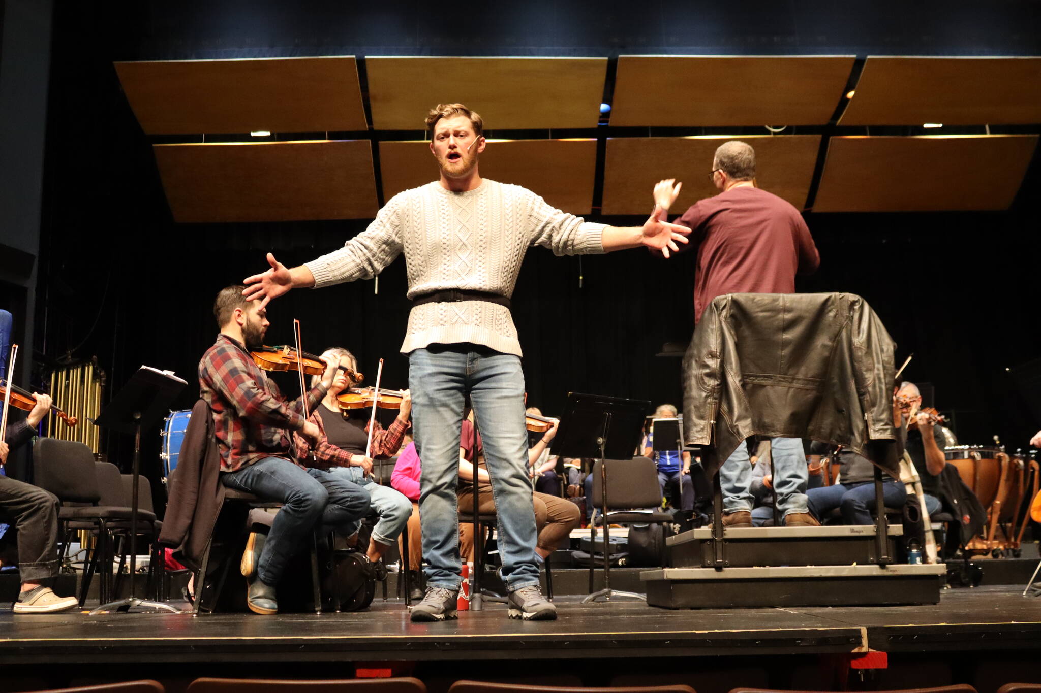 Tanner Johnson, playing the role of Candide, rehearses Tuesday at Juneau-Douglas High School: Yadaa.at Kalé. The operetta “Candide” is based on Stephen Sondheim’s adaptation of the classic novella by Voltaire. (Meredith Jordan/ Juneau Empire)