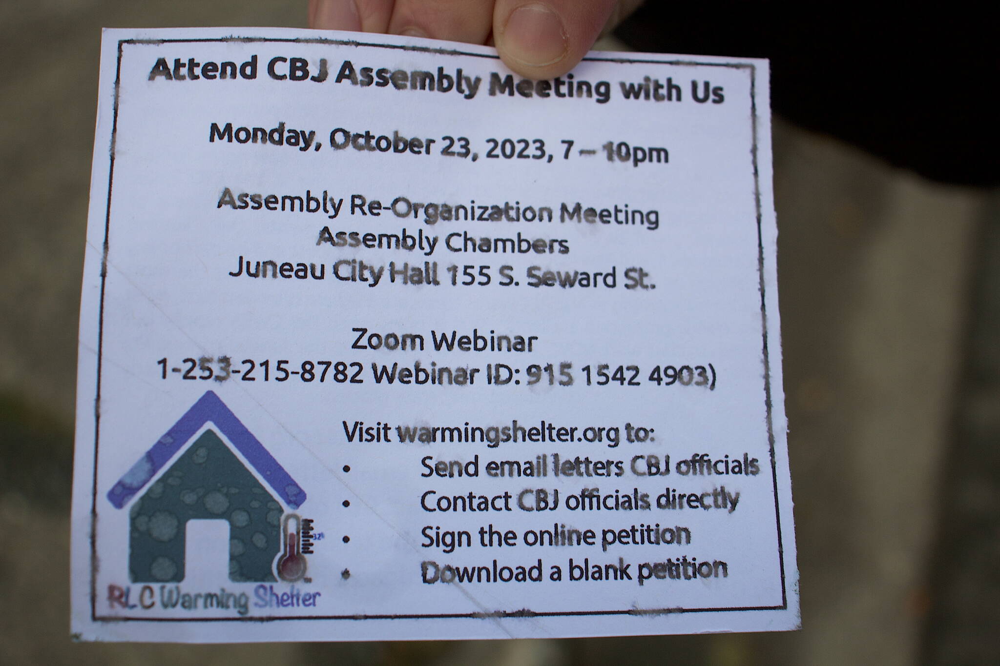 A flyer left Thursday under a car windshield of an employee at a business near the winter warming shelter scheduled to open Friday at a city-owned warehouse in Thane informs residents of an Assembly meeting Monday to discuss the shelter. The flyer also refers to a petition leaders at Resurrection Lutheran Church are circulating seeking to operate the shelter again at the church this winter after doing so the past two years. Karen Perkins, the church’s pastor, stated church leaders did not put flyers under windshields of businesses in the area or suggest people distributing the notices do so. (Mark Sabbatini / Juneau Empire)