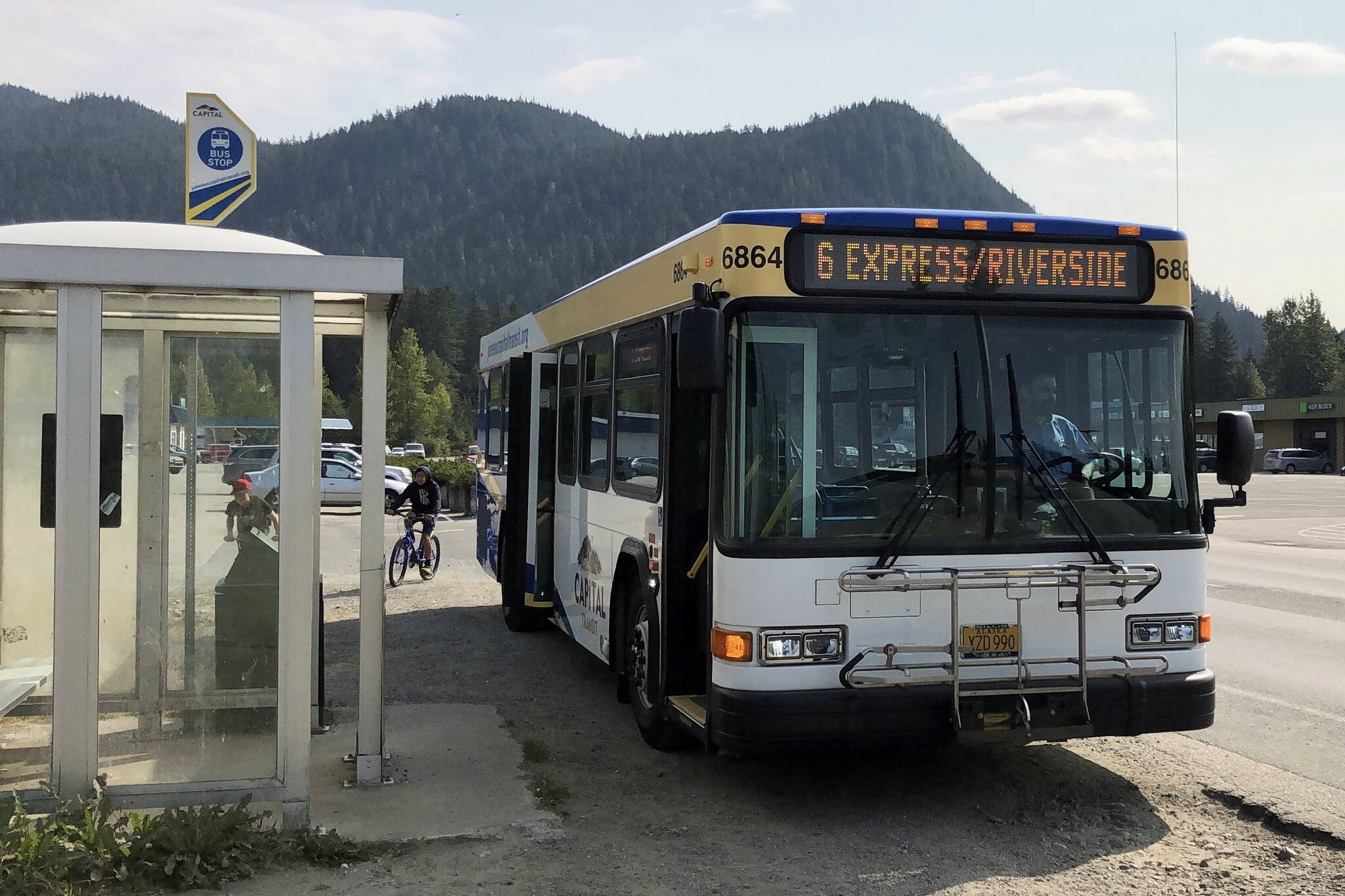 A Capital Transit bus serving the Riverside/Airport Connector route stops at the Mendenhall Mall. The route, which was suspended last December due to a shortage of drivers, is scheduled to resume Monday. (Photo courtesy City and Borough of Juneau)