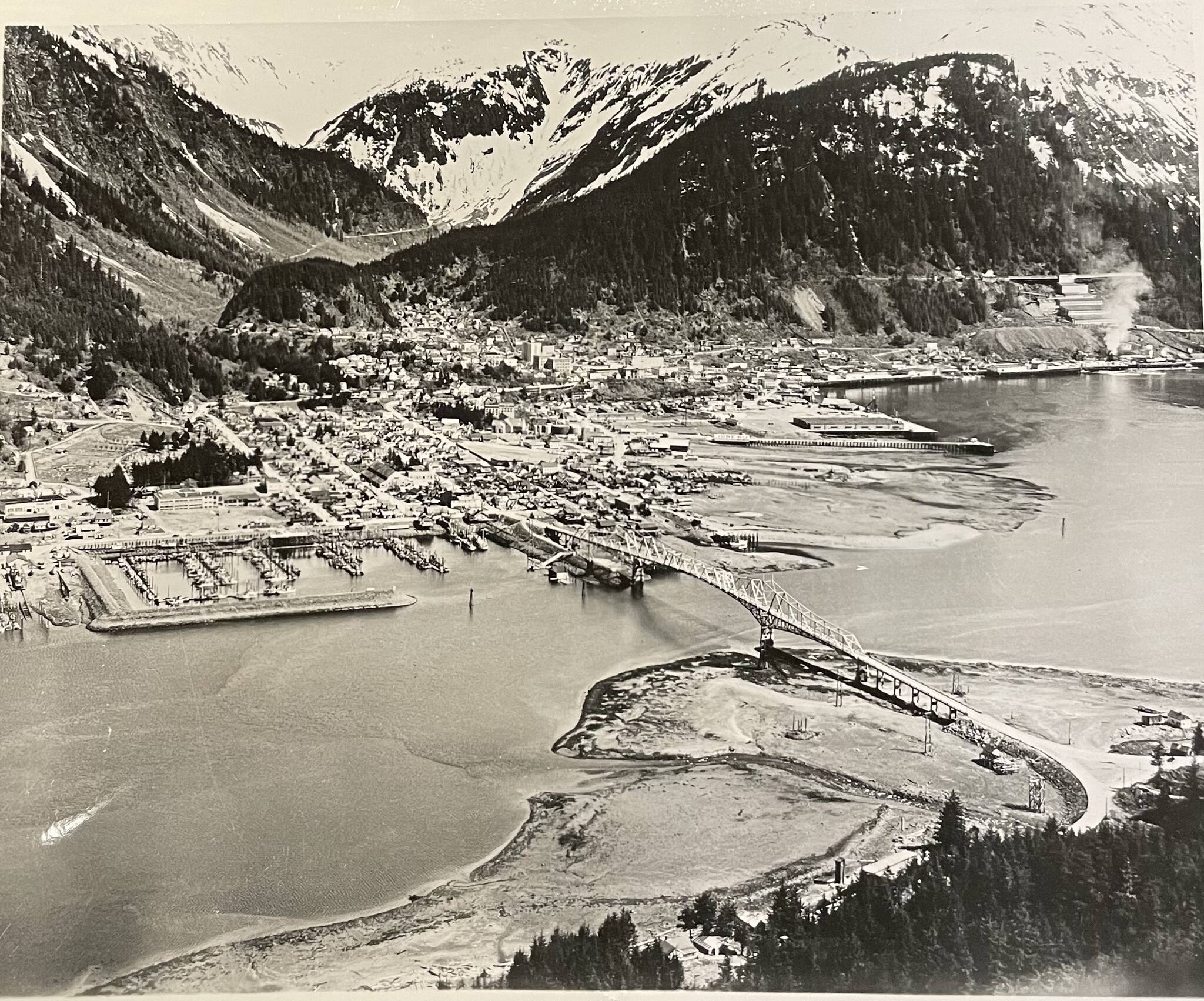 The Douglas Bridge and a view of Juneau looking up Last Chance Basin, undated, pre-1962. (Alaska State Library PC51-73)
