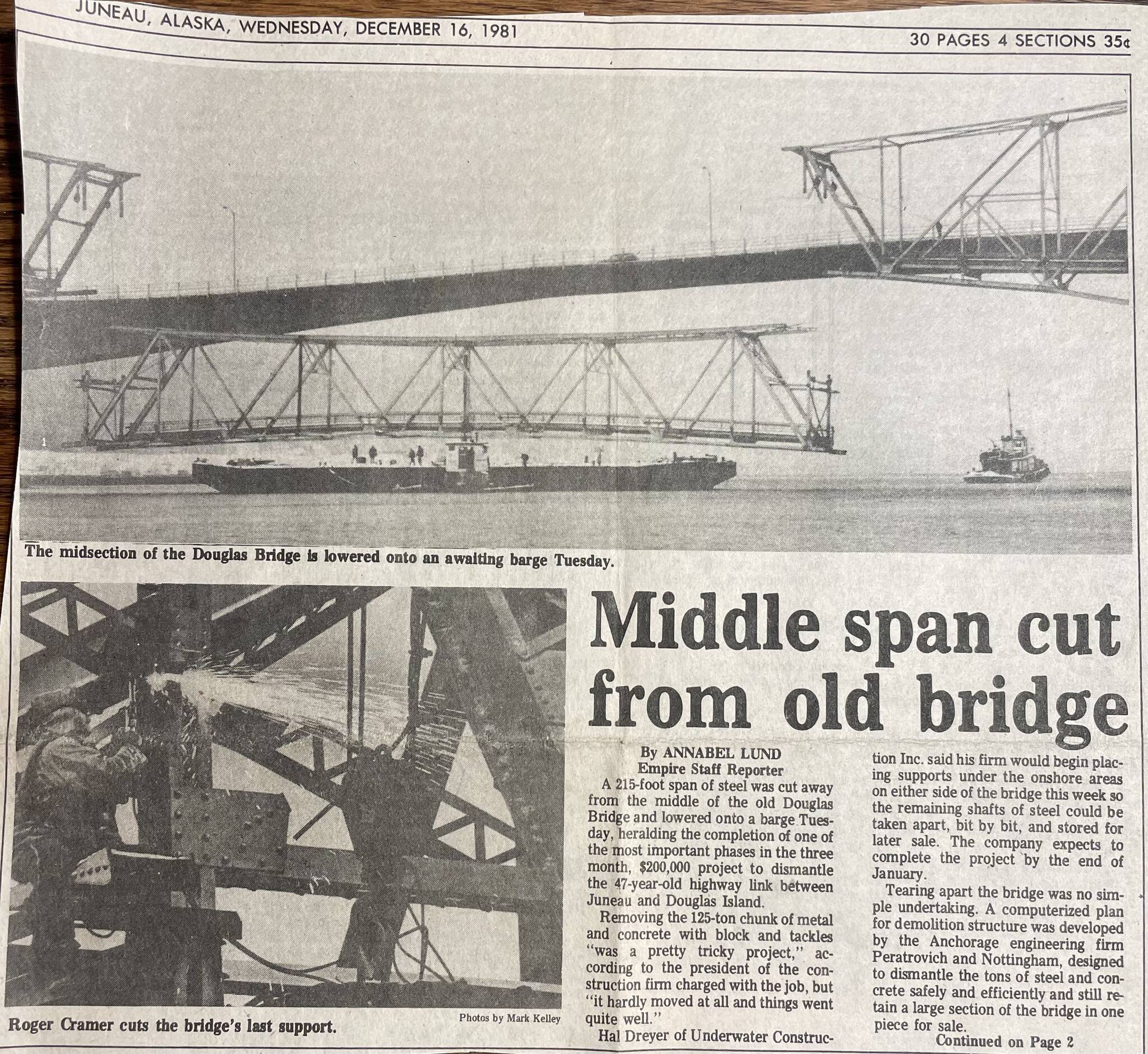 “Middle span cut from old bridge” headline in Juneau Empire on Dec. 16, 1981.