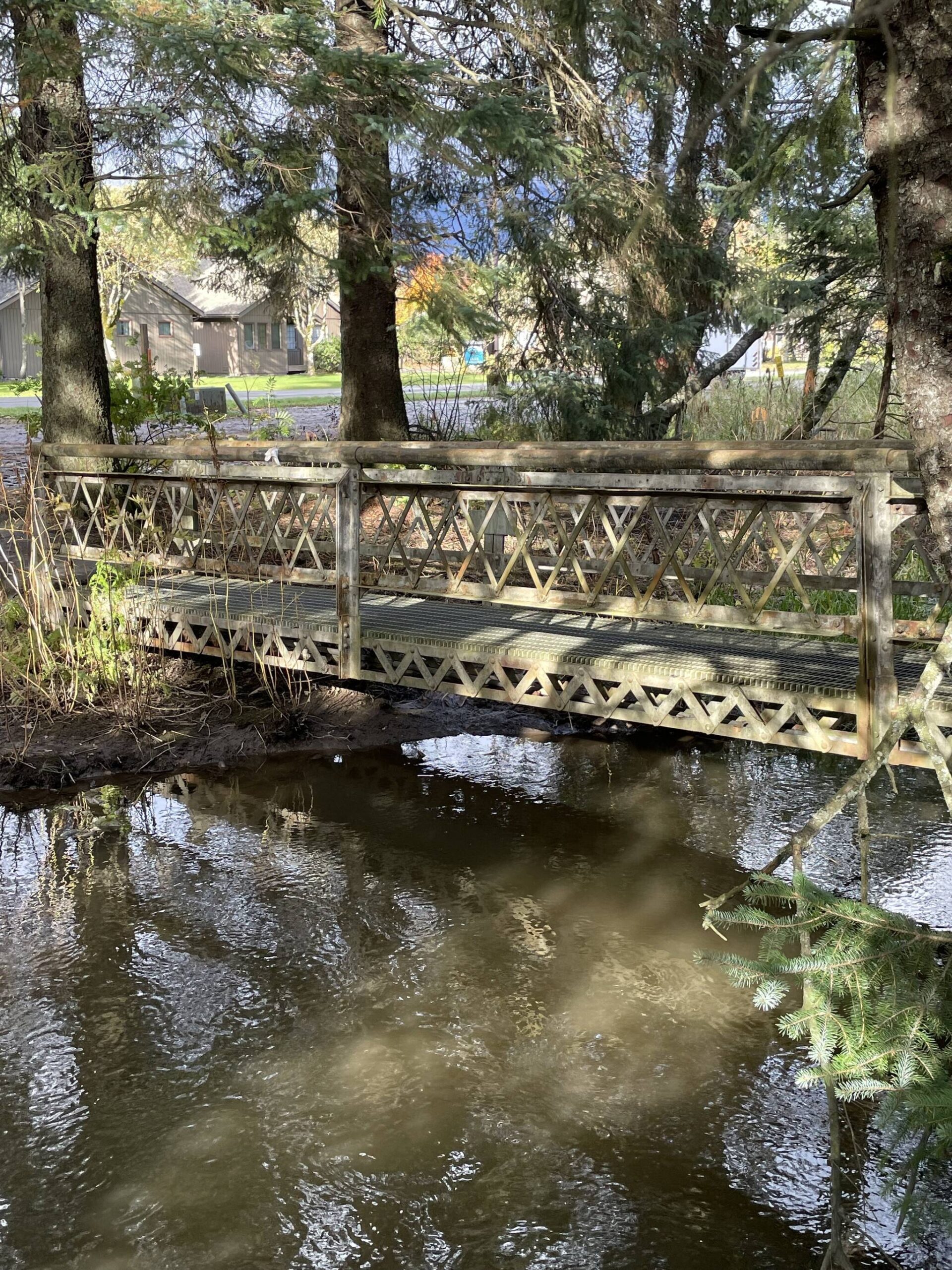 One of two current-day footbridges crossing Jordan Creek constructed of recycled bridge steel. (Photo by Laurie Craig)