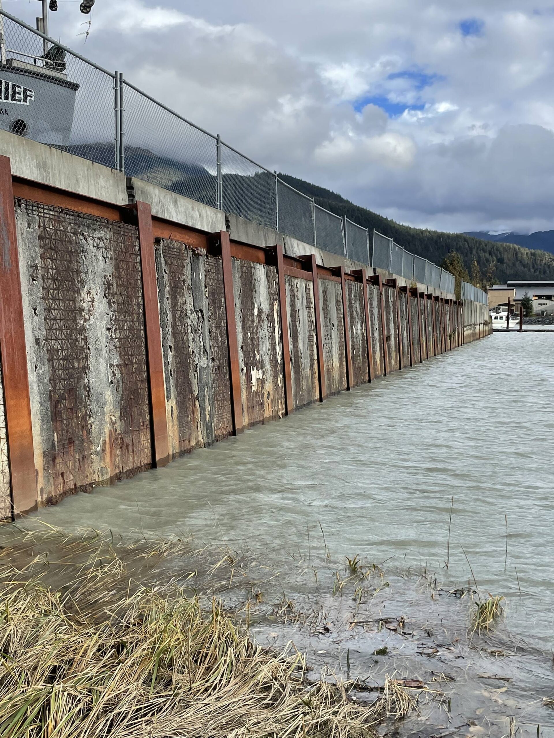 A Mendenhall River area retaining wall built with segments of the roadbed from the first Douglas Bridge. Texture of the traffic-worn decking can be seen on the upright panels. (Photo by Laurie Craig)