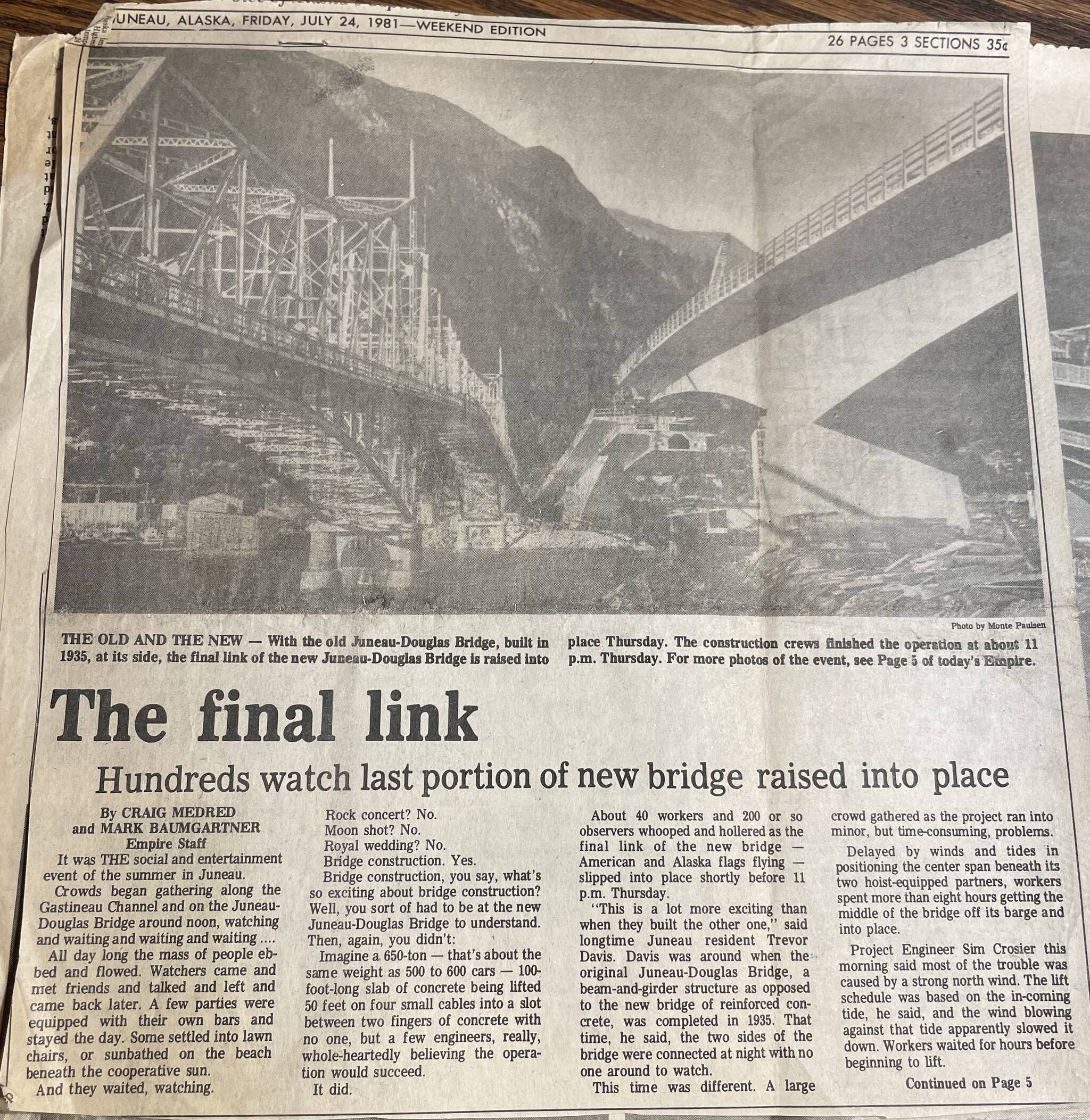 Juneau Empire front page July 24, 1981, with the headline “The final link” shows both 1935 and 1981 Douglas bridges.